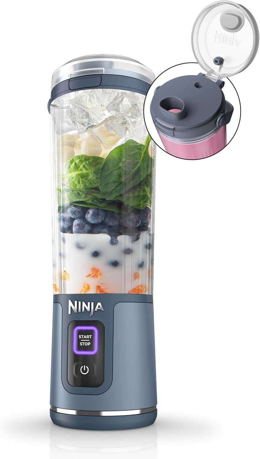 Ninja BC151NV Blast Portable Blender, Cordless, 18oz. Vessel, Personal Blender-for Shakes & Smoothies, BPA Free, Leakproof-Lid & Sip Spout, USB-C Rechargeable, Dishwasher Safe Parts, Denim Blue | USB-C rechargeable, cordless blending anywhere. BlastBlade crushes ice & frozen fruit. Leakproof sip lid, dishwasher safe.