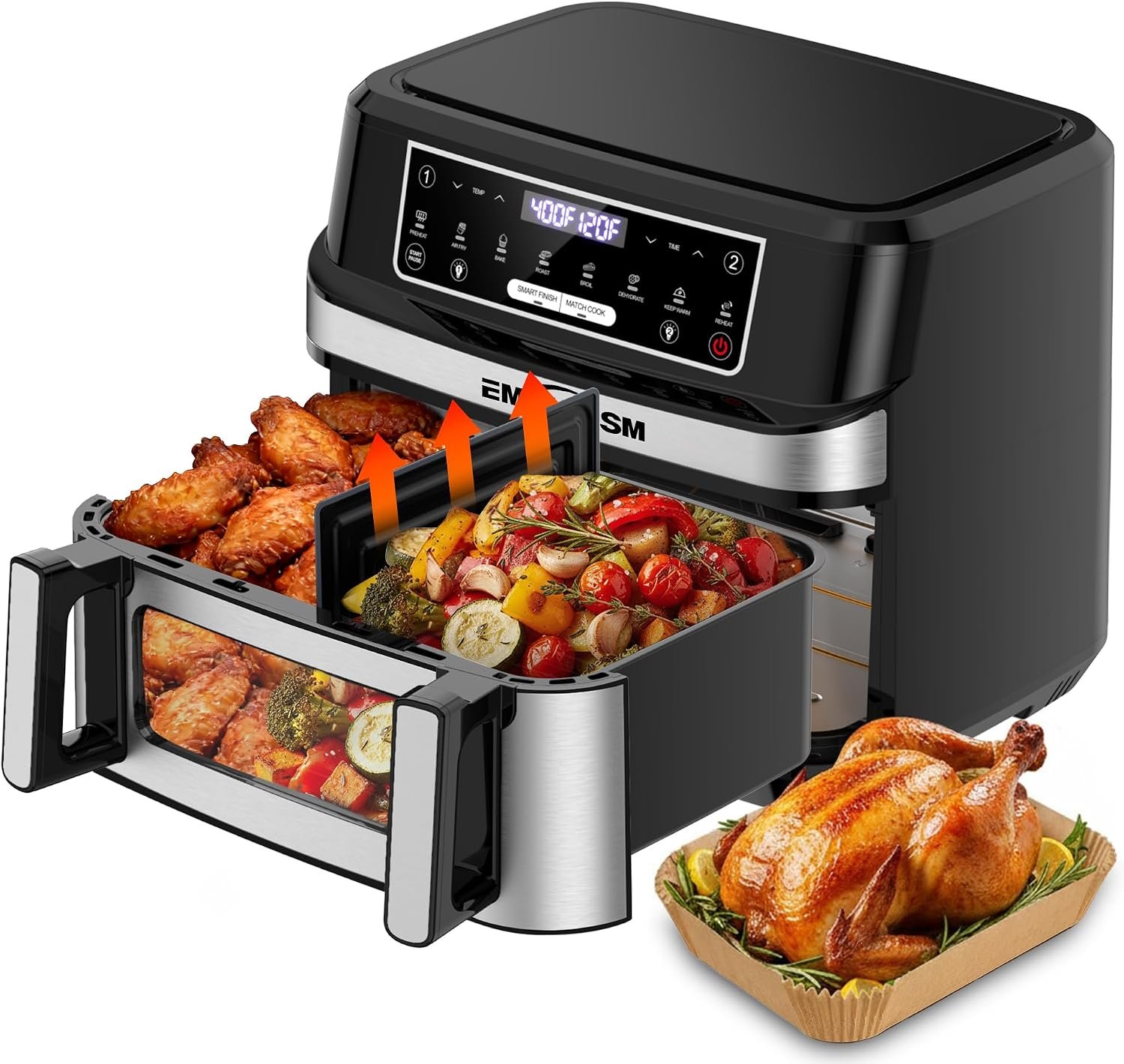 Emphsism 12QT Large Dual Zone Air Fryer with Removable Divider, 1 x 12QT Mega Zone or 2 Independent 6QT Zones, Separate Presets, 8-in-1 Family Size, LED Touchscreen, Nonstick Dishwasher-Safe Basket