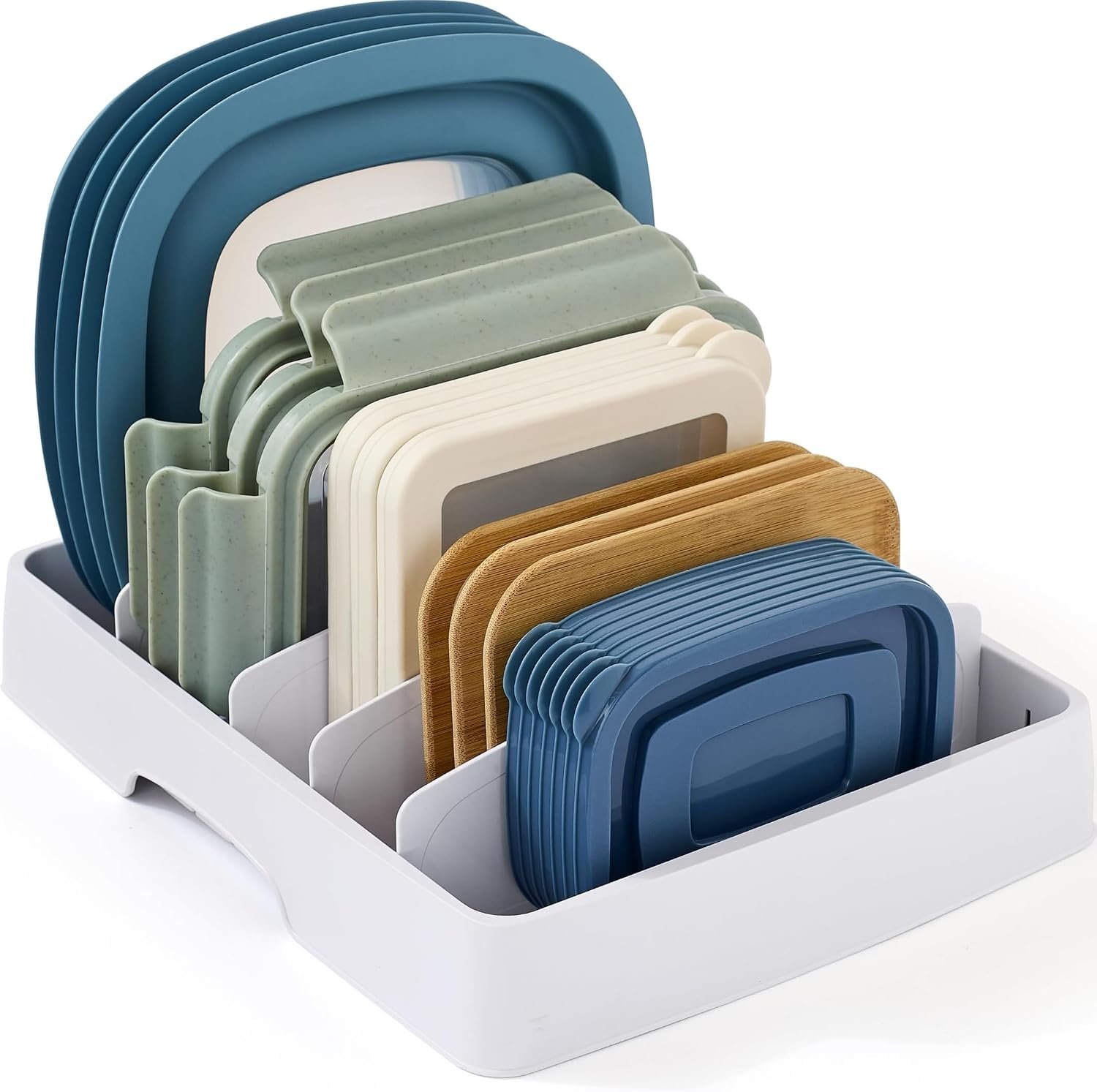 YouCopia StoraLid Food Container Lid Organizer for Kitchen Cabinet Storage with 5 Adjustable Dividers, 10.5”D × 13.4”W × 3.3”H, Large Classic Edition, White