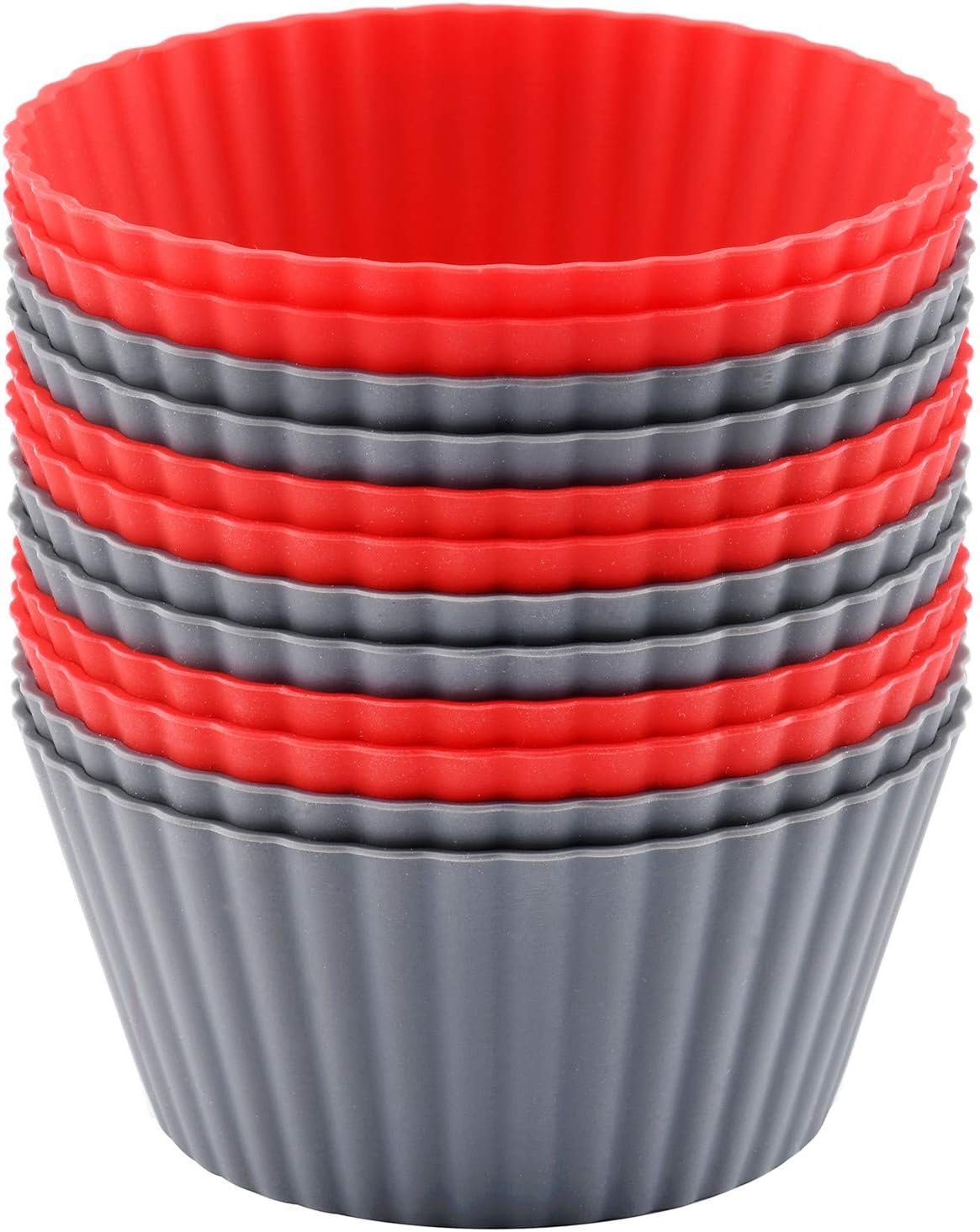 12 Pack Reusable Nonstick Jumbo Silicone Baking Cups, Cupcake and Muffin Liners, 3.8 Inch Large Size, Red and Gray Colors, Round