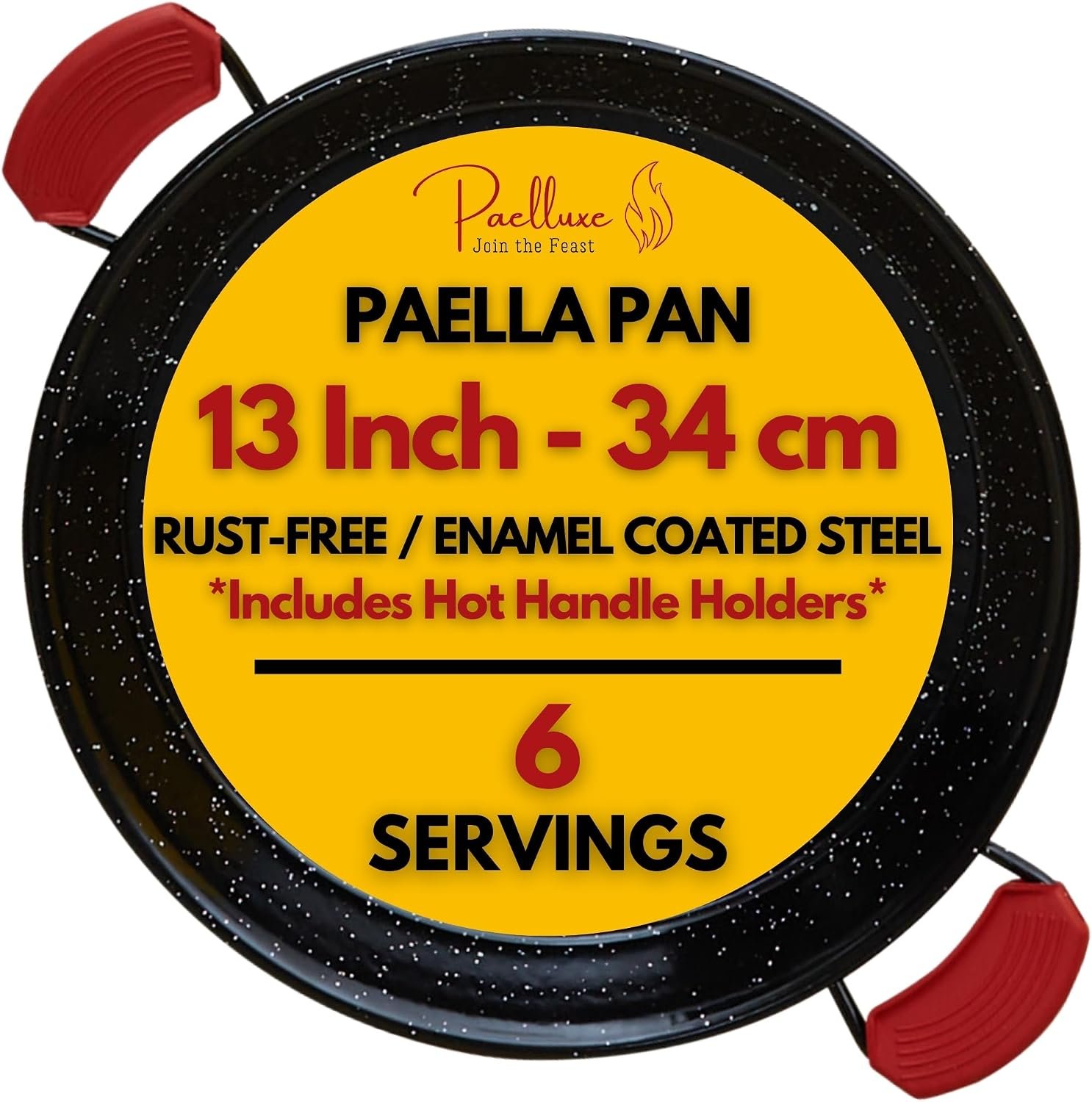 Paelluxe Paella Pan Enameled No-Rust Steel Skillet – 13 Inch, 6 Servings | 1.2mm Carbon Steel, Easy-Clean Enamel, Propane Safe, Oven Safe, Fits Stove Burners, Silicone Handle Holders