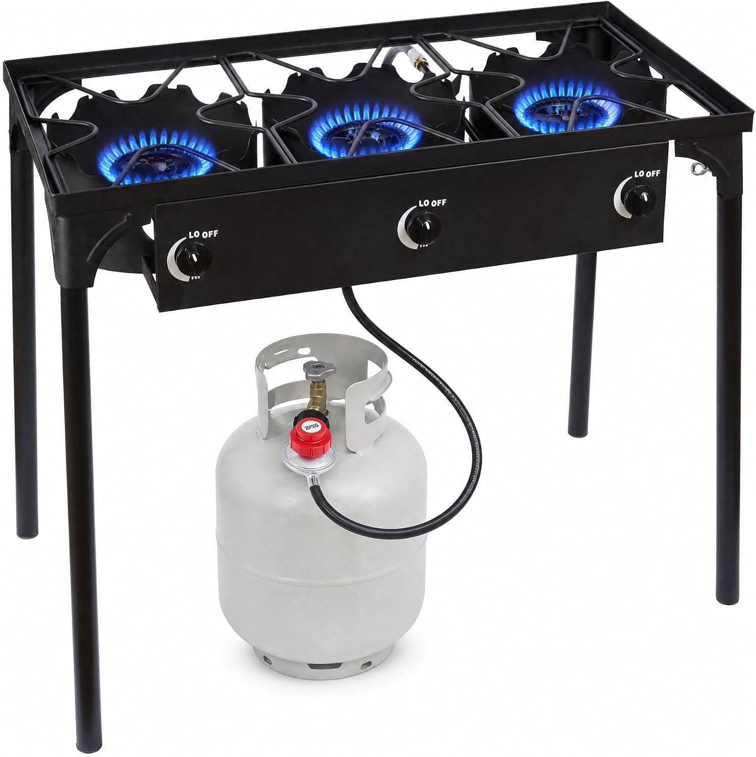 3 Burner Propane Stove, 225,000 BTU Outdoor Cooker | 75,000 BTU per burner, CSA regulator and hose included, manual ignition, removable legs for camping, canning, seafood boils