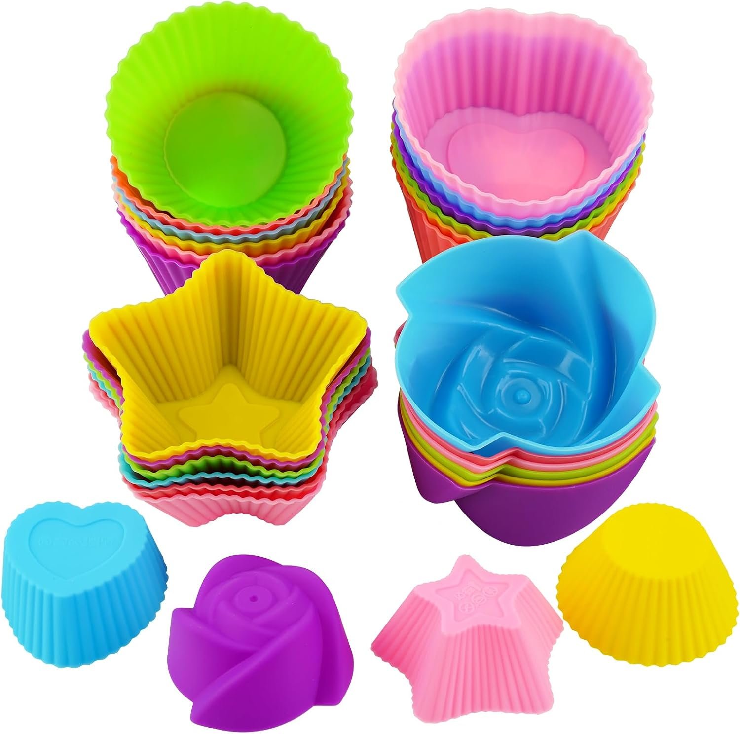 Silicone Cupcake Liners for Baking, 24Pcs Reusable Muffin Cups Greaseproof Muffin Liners Nonstick Baking Molds with Round, Stars, Heart, Flowers Shape for Kids