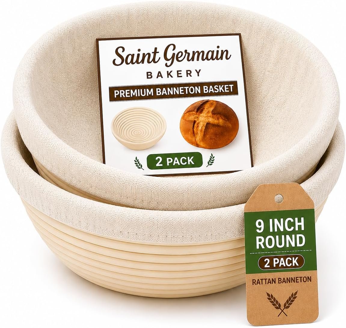 Saint Germain Bakery Premium Round Bread Banneton Basket with Liner (Set of 2 9″ Round Baskets)