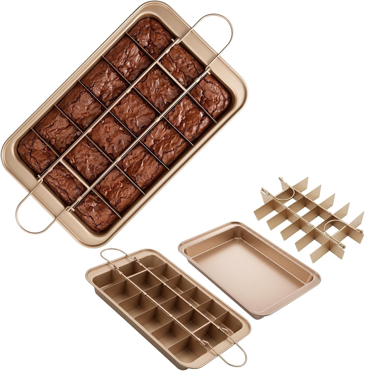 2 Pack Brownie Pan with Dividers 12.4X8X2 Inches and Brownie Cutter Champagne Gold Non-Stick Carbon Steel Baking Pan 18 Pre-Cut Cavities for Brownies Cakes Pizzas