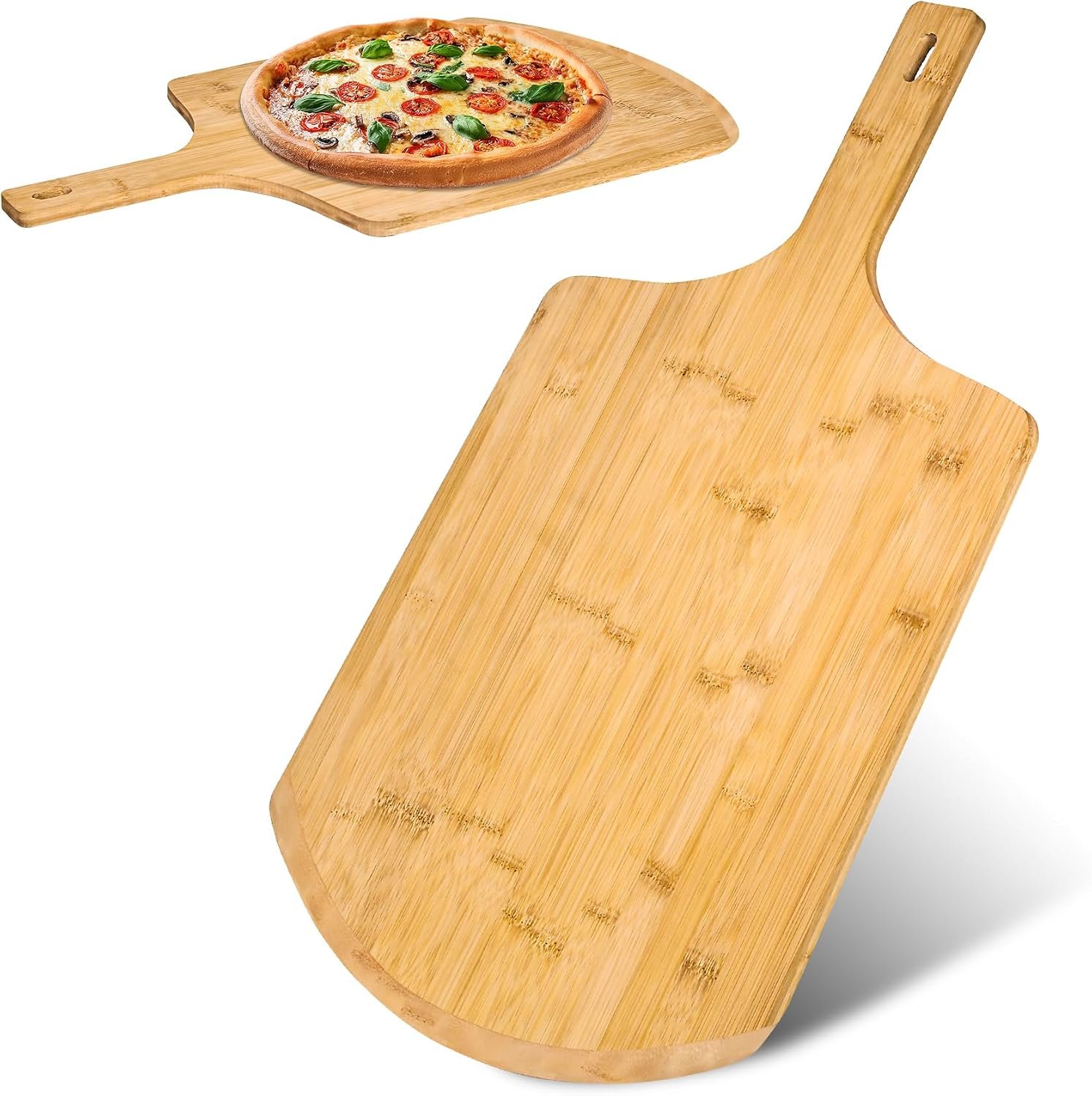 IQHLXNpizza peel 14 inch，16″ L x 14″ W Plate, with 8″ L Wooden Handle, 24″ Overall Length， Natural Bamboo Pizza Spatula Paddle with Comfort Grip Handle, Pizza Board for Baking & Serving (Large)
