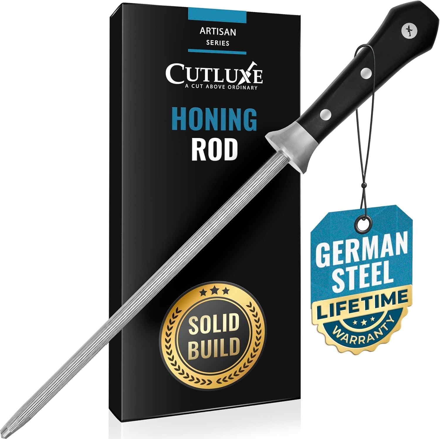 Cutluxe Honing Rod, 10″ Knife Sharpener Steel – Honing Steel for Knives | Professional Blade Maintenance, Ergonomic Handle Design – Grilling Gift for Men, Artisan Series