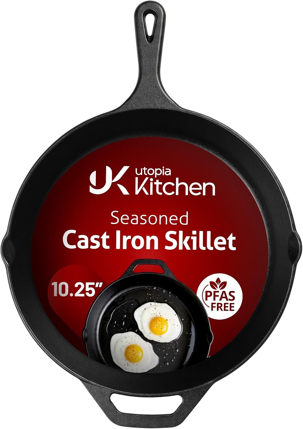 Utopia Kitchen Cast Iron Skillet 10.25 Inch Pre-Seasoned PFAS-Free Black | Chef Pan, Even Heat Distribution, Stovetop, Oven, Campfire and Grill Safe, Large Skillet, Indoor Outdoor Use