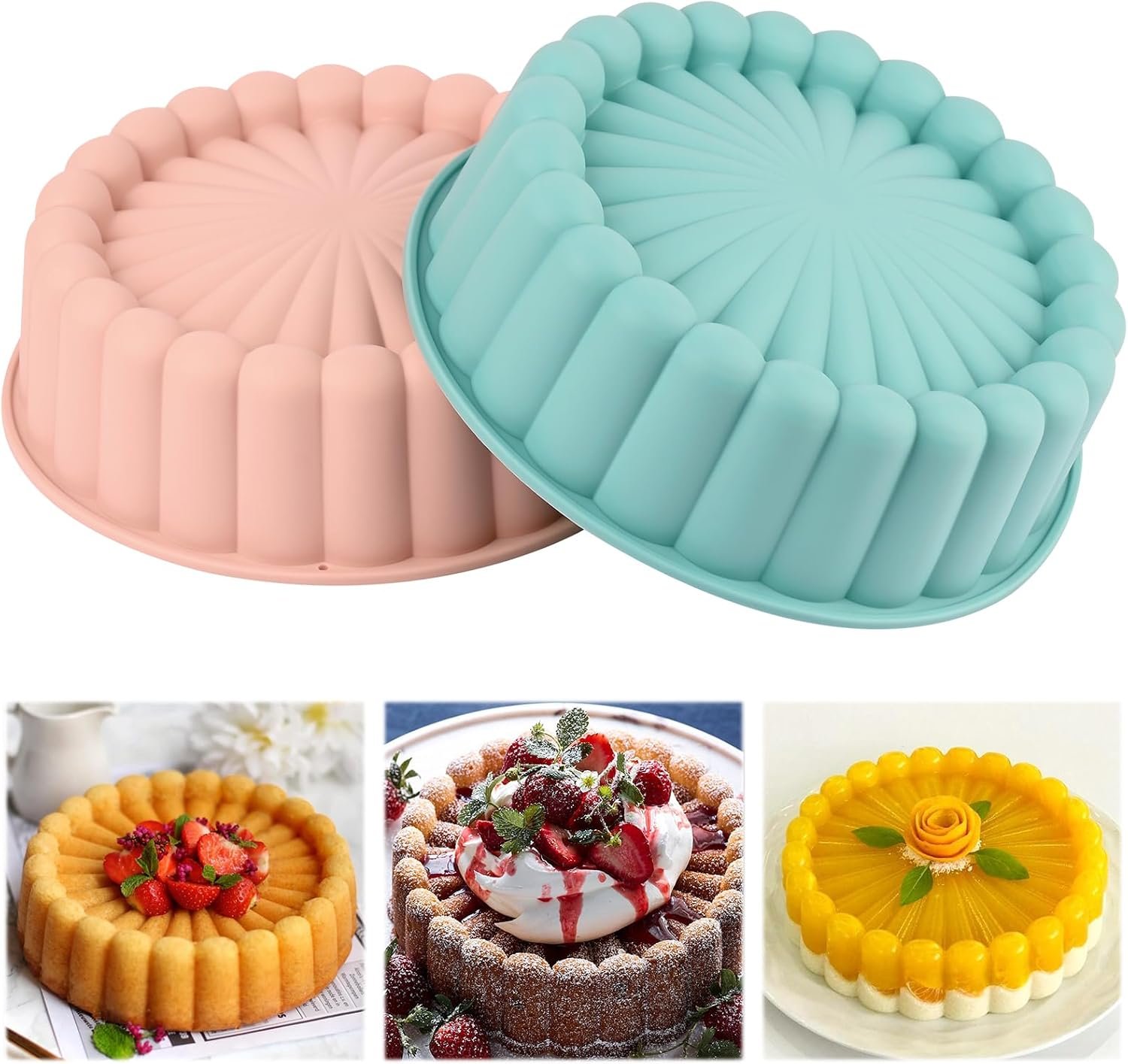 HUAKENER 2 Pcs Charlotte Cake Pan, 8 Inch Round Cake Pan | Nonstick Silicone Cake Molds for Cheese Cake, Chocolate Cake, Rainbow Cakes, Strawberry Shortcake, Brownie Tart Pie