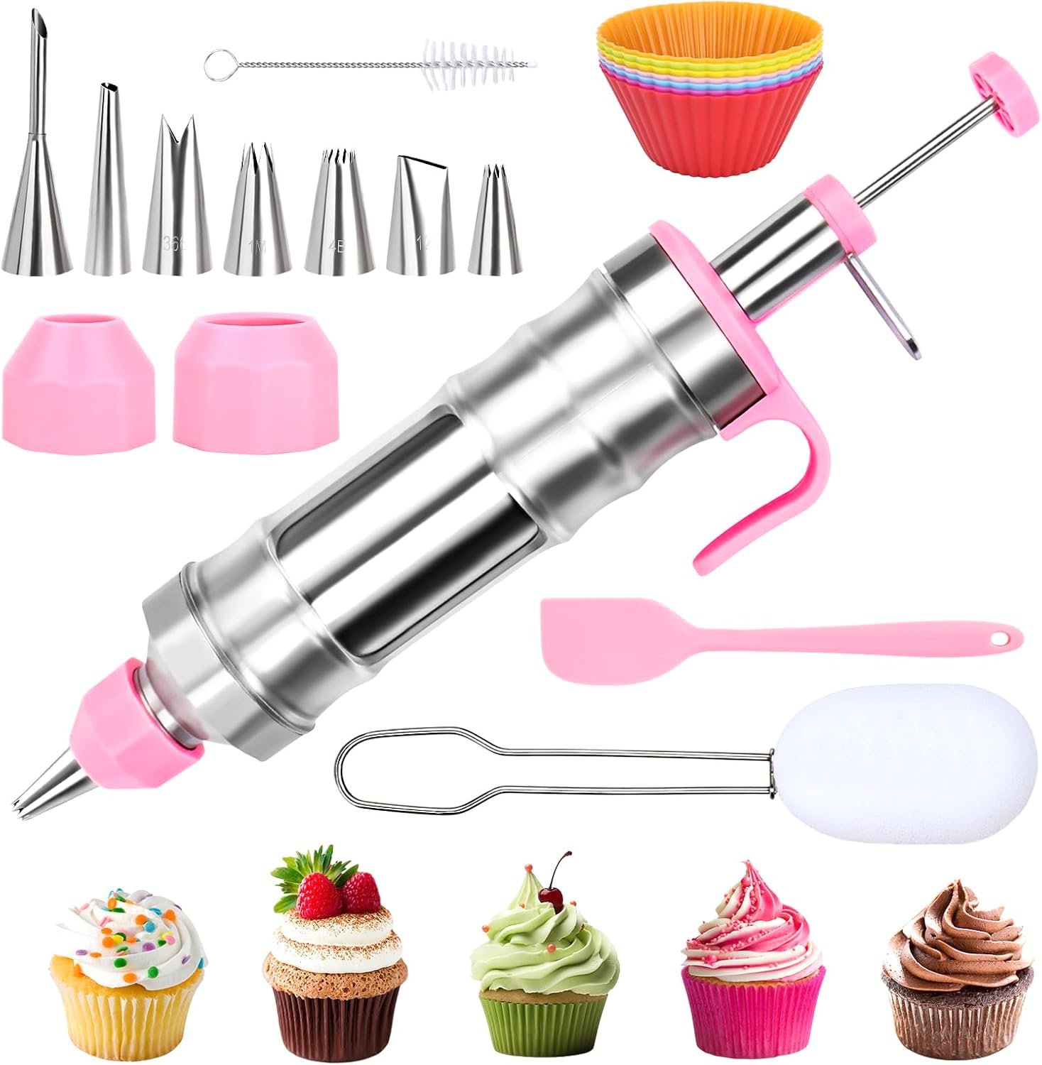 FACIACC Dessert Decorating Syringe Set, Stainless Frosting Piping Kit | 7 Piping Tips & 7 Silicone Cupcakes, Dessert Making Tools for Baking Cupcakes, Cookies & Pastries