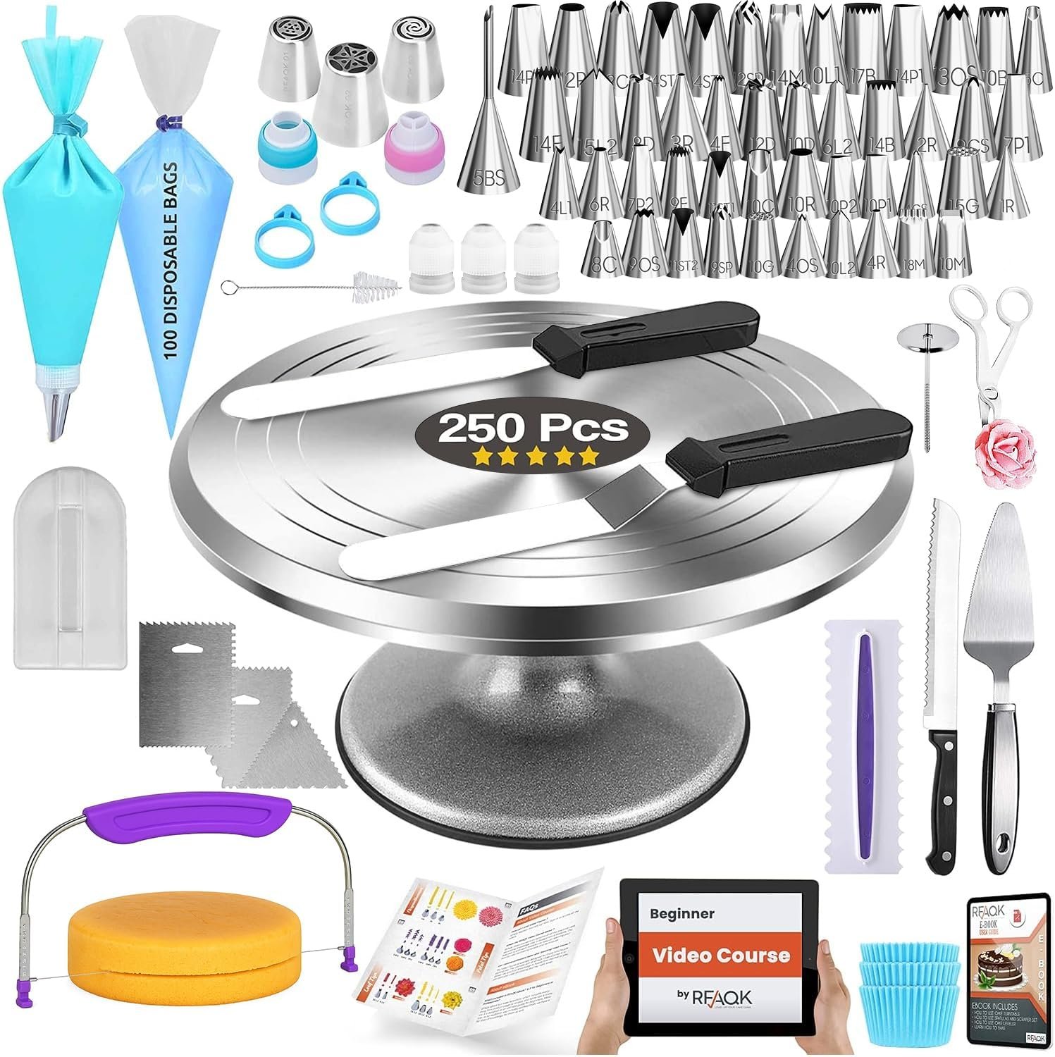 RFAQK 250 PCs Aluminum Cake Decorating Tools Kit with 12″ Metal Turntable & Knife set-48 Numbered Icing Tips-3 Russian Piping Nozzles-Straight & Angled Spatula-Cake Leveler& Baking Supplies Tools