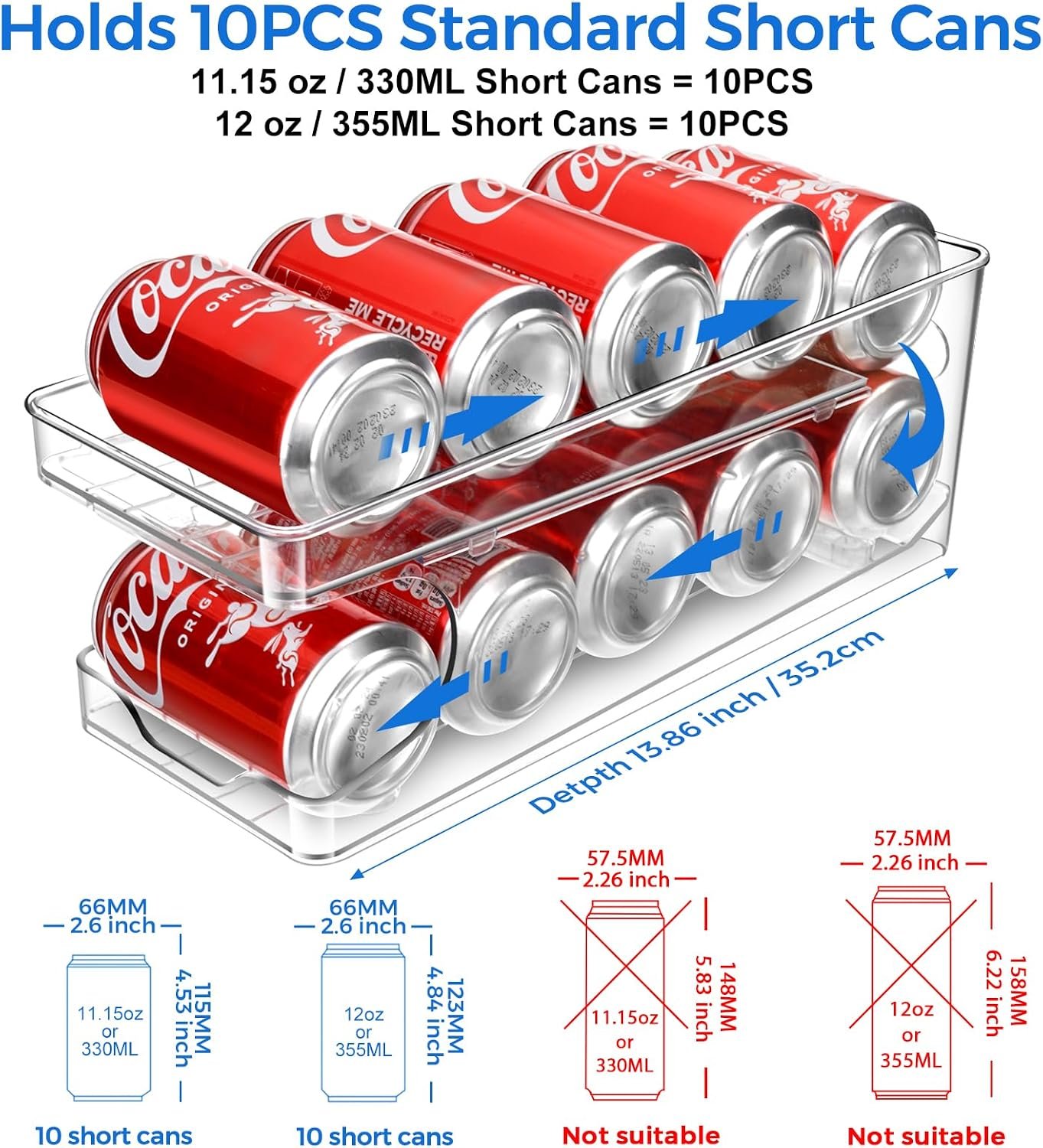 2 Packs FIFO Rolling Soda Can Organizer for Fridge, Holds 10 Cans | Pop Can Organizer for Drink Beer Seltzer Soda Can Dispenser for Refrigerator 11.15oz 12oz Can Holder Storage Pantry Container