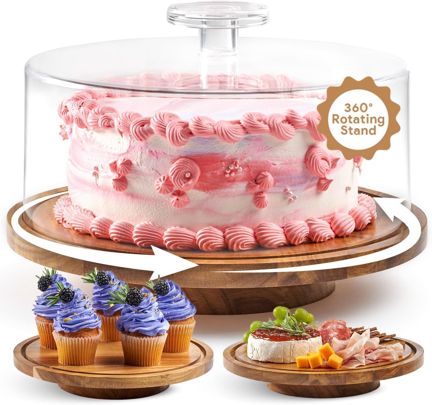HOMESPHERE Rotating Cake Stand With Lid – 12 Inch Round Cake Holder with Cover, 4” Tall, Acacia Wood Spinning Cake Turntable for Decorating, Display and Serving Platter, Acrylic Cake Dome, No Glass