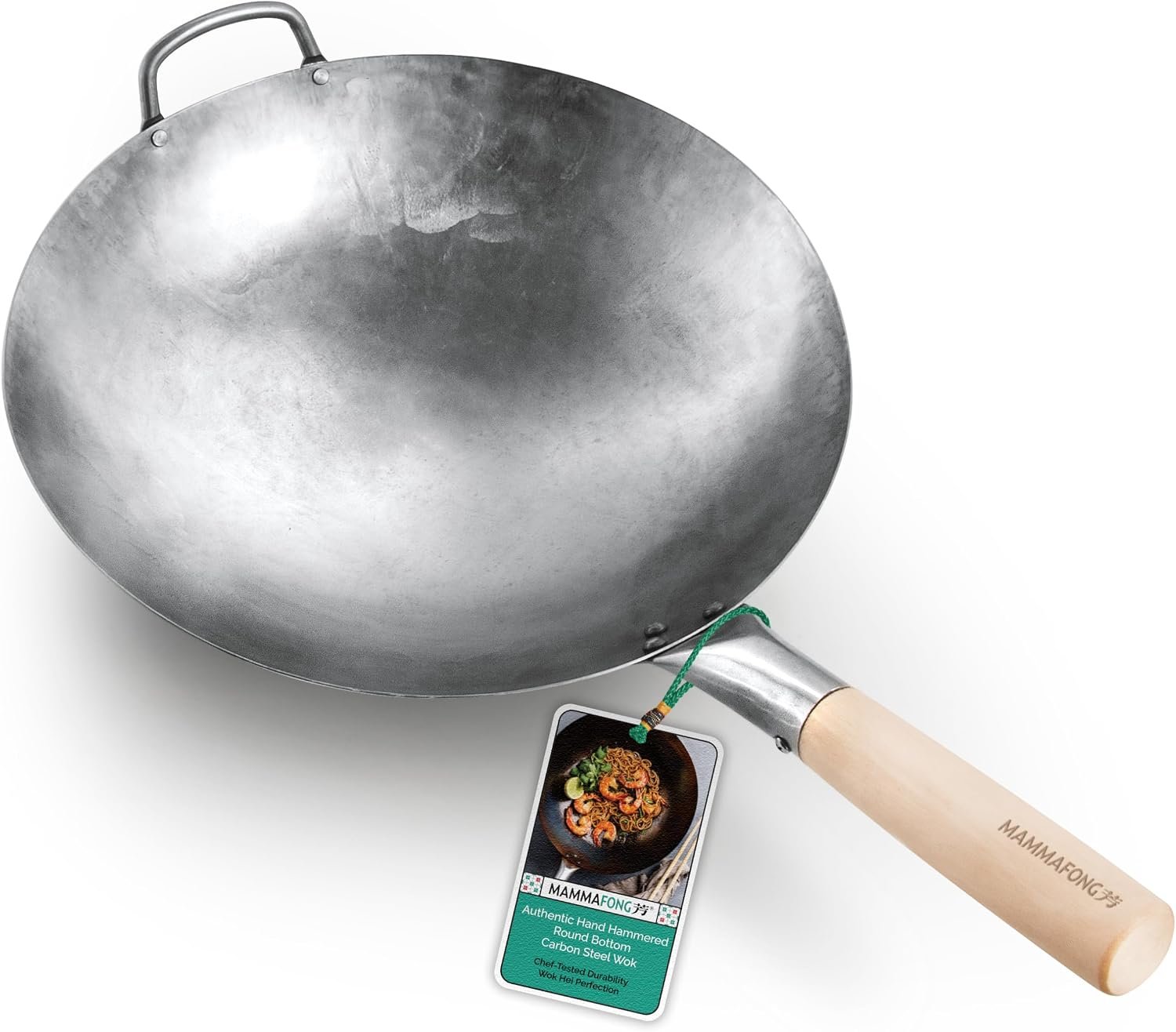 Round Bottom 14-inch Traditional Carbon Steel Wok Pan – Authentic Hand Hammered Woks and Stir Fry Pans – Pow Wok with no chemical coating