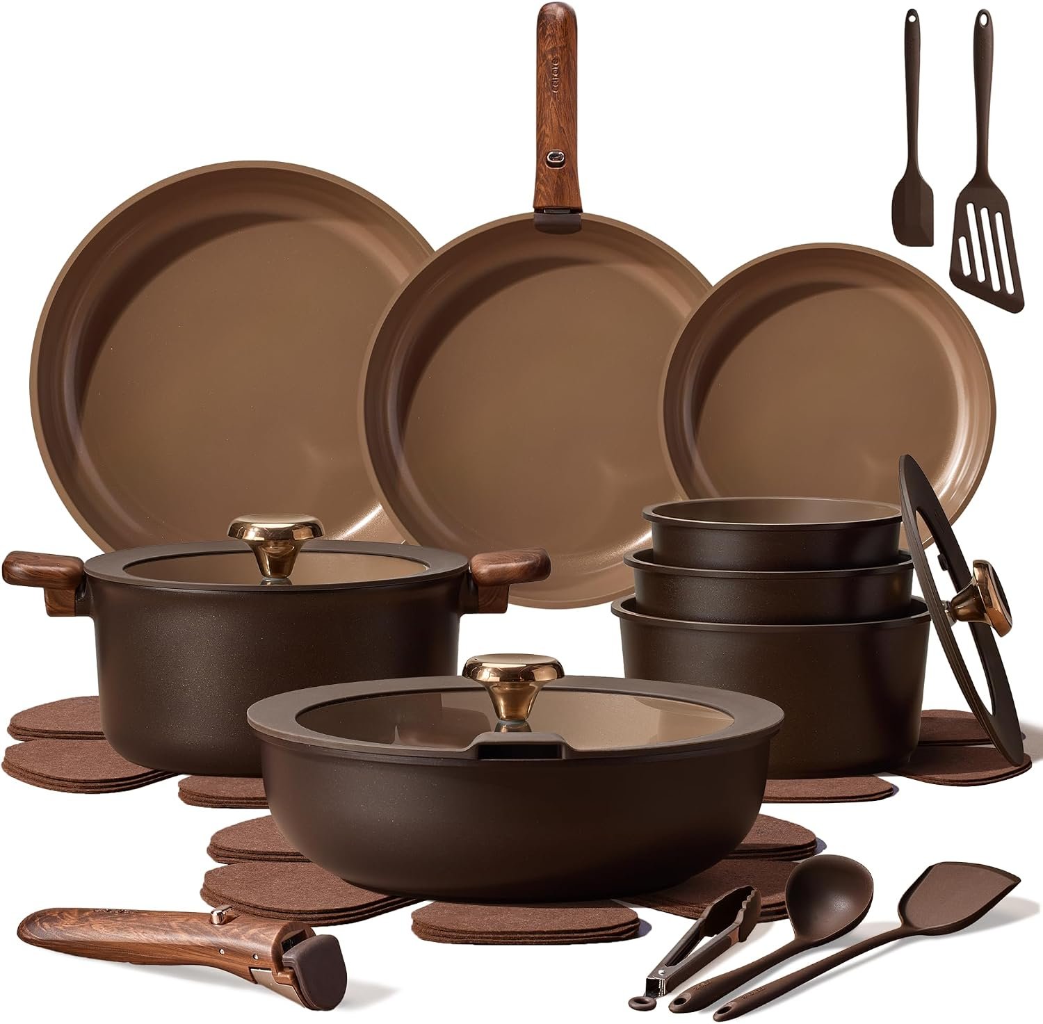 CAROTE 25pcs Ceramic Cookware Set, Pots and Pans Set with Detachable Handle | Non-Stick, Non-Toxic, PFAS and PFOA Free, Induction Compatible, Dishwasher & Oven Safe, Space Saving, Camping Cooking, Brown