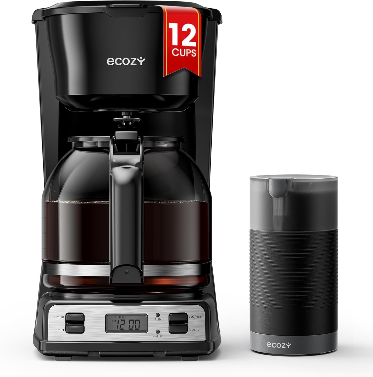 ecozy 12-Cup Drip Coffee Maker with Electric Coffee Grinder Combos | Programmable Coffee Machine with Washable Basket Filter, Auto Shutoff Function, No Drip Pause & Pour, Brezzano DuoSet
