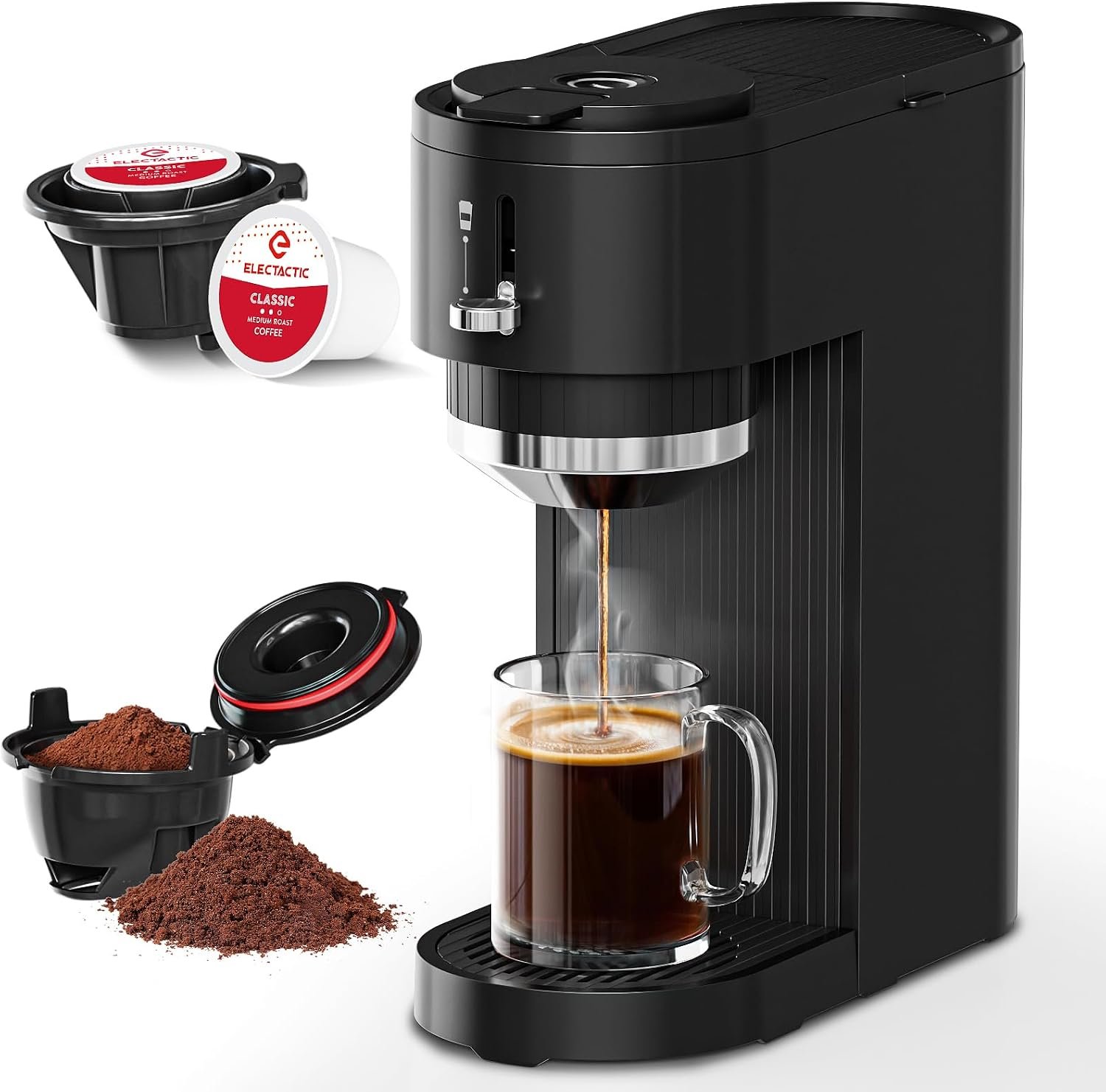 Single Serve Coffee Maker – Brew with Coffee Pods & Grounds, Compatible with Kcup Coffee Pods, Small Sizes Up to 6 8 10 12 14 Oz, 14 Oz Water Reservoir, Easy to Clean for Office Travel Home, Black | 6–14oz adjustable brew sizes, 14oz reservoir, self-cleaning compact brewer ideal for home & office daily coffee