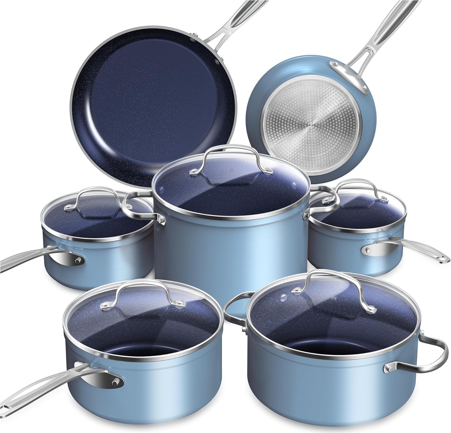 Nuwave Healthy Duralon Blue Ceramic Nonstick Cookware Set, Diamond Infused Scratch-Resistant, PFAS Free, Dishwasher & Oven Safe, Induction Ready & Evenly Heats, Tempered Glass Lids & Stay-Cool Handles | Scratch-Resistant, Dishwasher & Oven Safe, Induction Ready & Evenly Heats, Tempered Glass Lids & Stay-Cool Handles