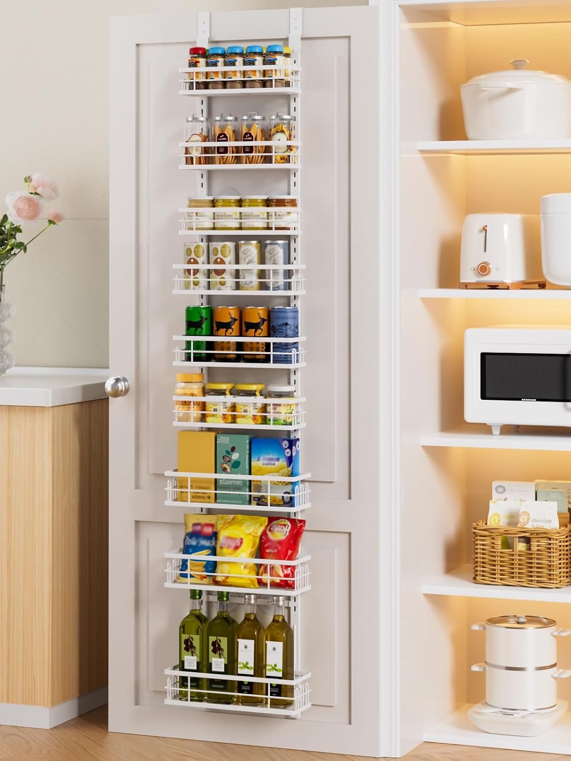 Delamu 9-Tier Over the Door Pantry Organizer, Adjustable Pantry Door Organizers and Storage, Metal Hanging Basket Wall Spice Rack Seasoning Organizer, Door Organizer Kitchen Bedroom Bathroom,12″White