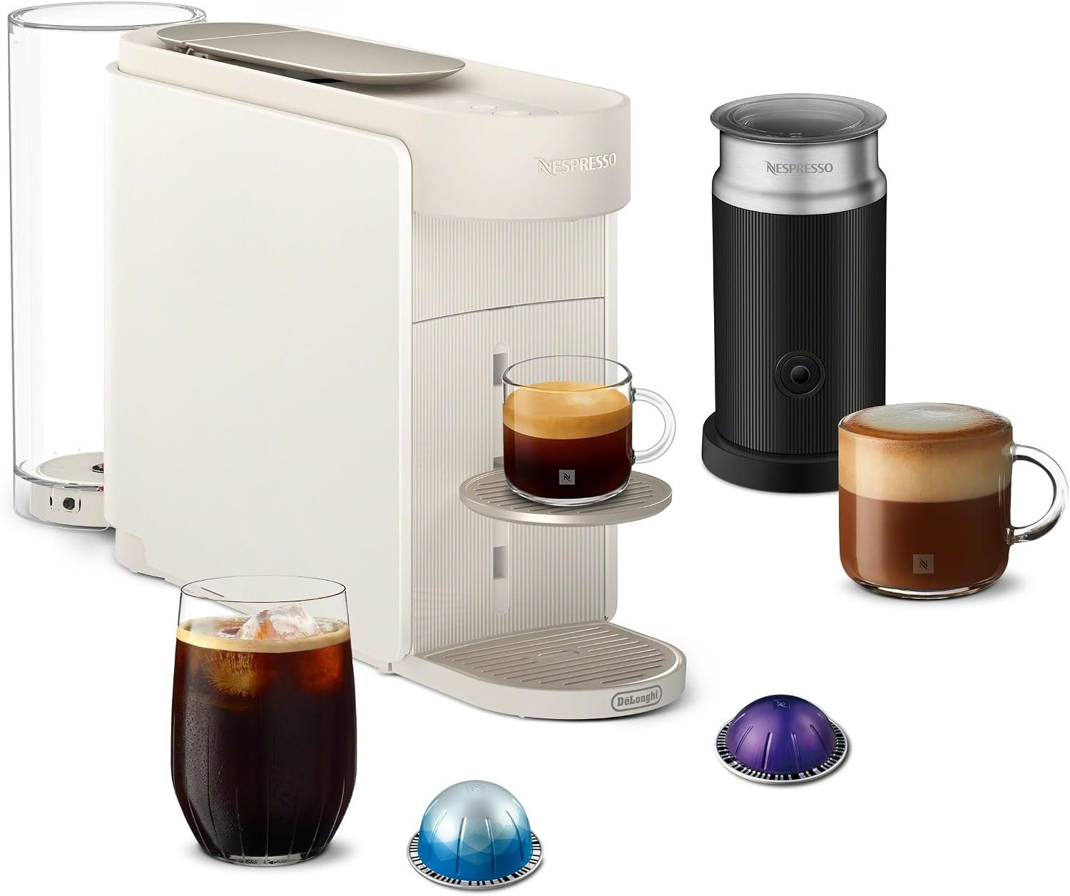 Nespresso Vertuo Up Coffee Machine with Milk Frother, White | Coffee and espresso maker by De’Longhi with 3 second start and iced mode. Aeroccino3 bundle for hot or cold milk foam.