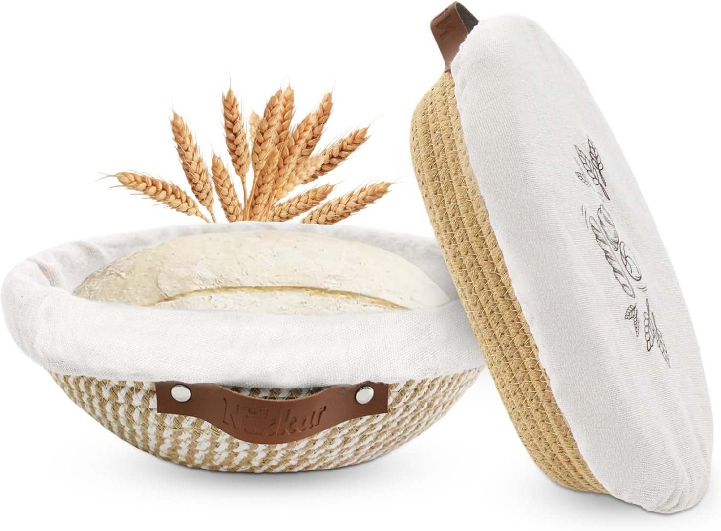 Nikkar Banneton Bread Proofing Basket Set of 2, 9 10 11 inches | Round & Oval Cotton Rope Sourdough Bread Baking Supplies Proofing Bowls with Liners & Covers Gifts for Bakers Women Wife Mom