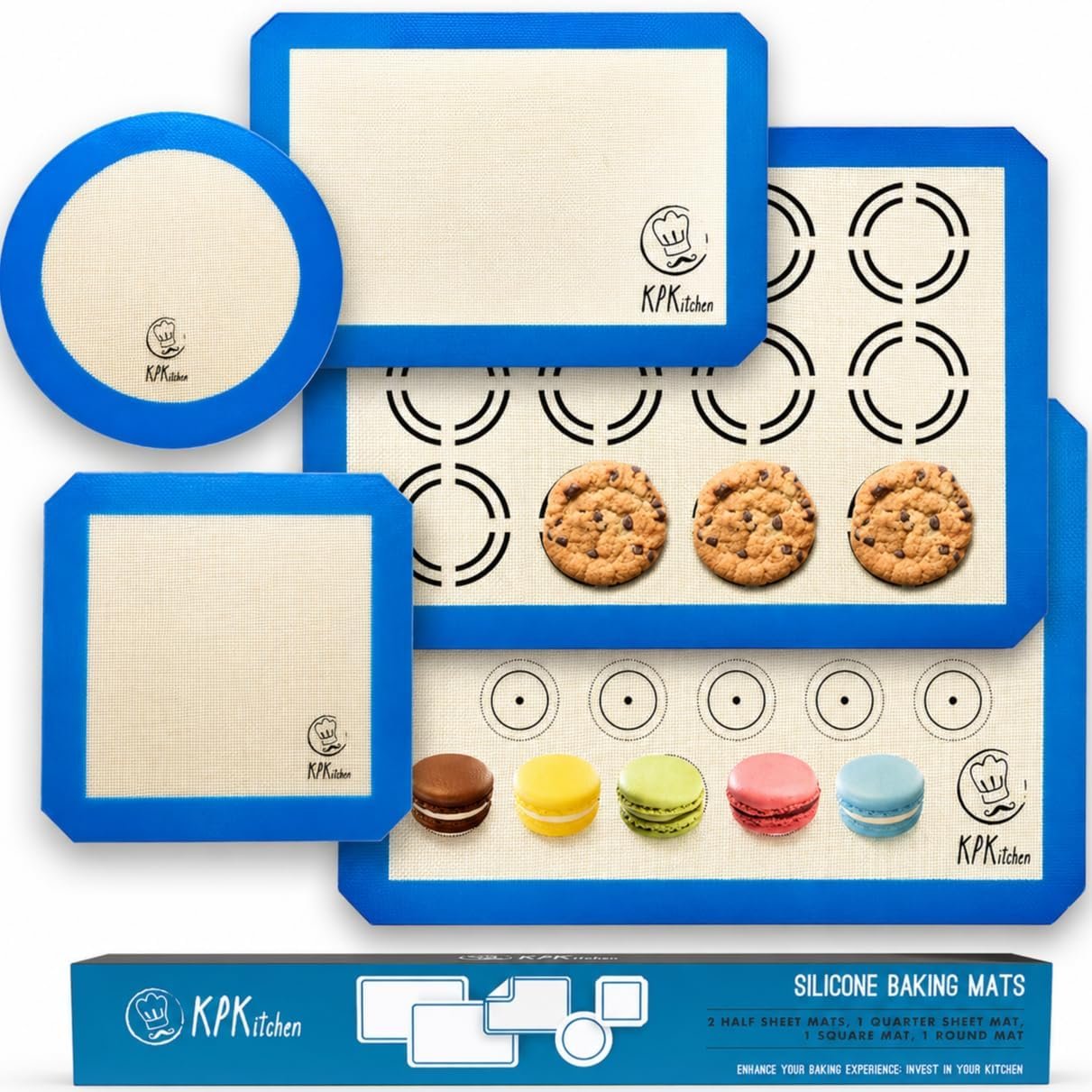 Silicone Baking Mat Set of 5-2 Half Sheets (Macaron & Cookie Circle On Mat) + 1 Quarter + 1 Round & 1 Square Size Silicone Baking Sheet – Nonstick & Easy to Clean – 100% Silicone Mats for Baking