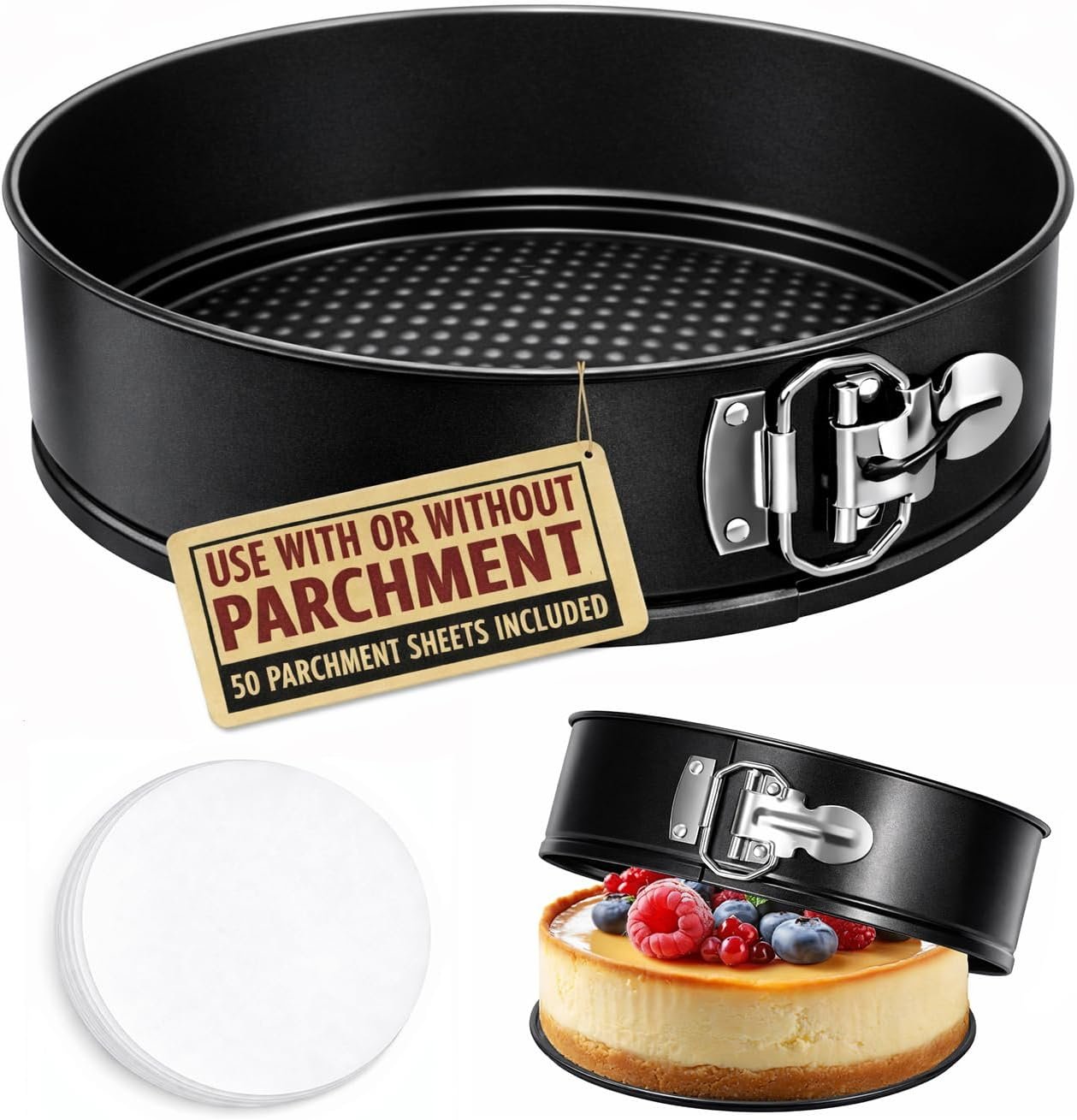 10 Inch Springform Pan with 50 Pcs Parchment Paper Cheesecake Baking Mold | Nonstick Round Tin Leakproof Removable Bottom Bakeware for Cake Pie Pizza and Quiches Carbon Steel and Non-stick Coating