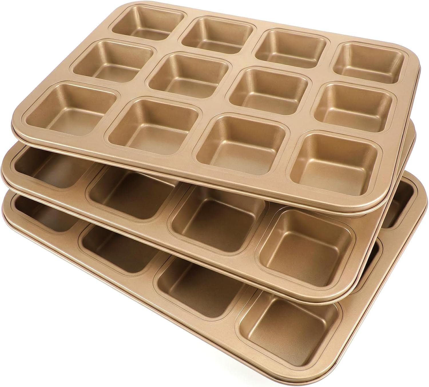 3 Pcs Brownie Pan with Dividers, 12 Cavity Square Non-Stick All Edges Carbon Steel Baking Pan for Brownies, Cupcakes, Cookies, and Bread, Gold