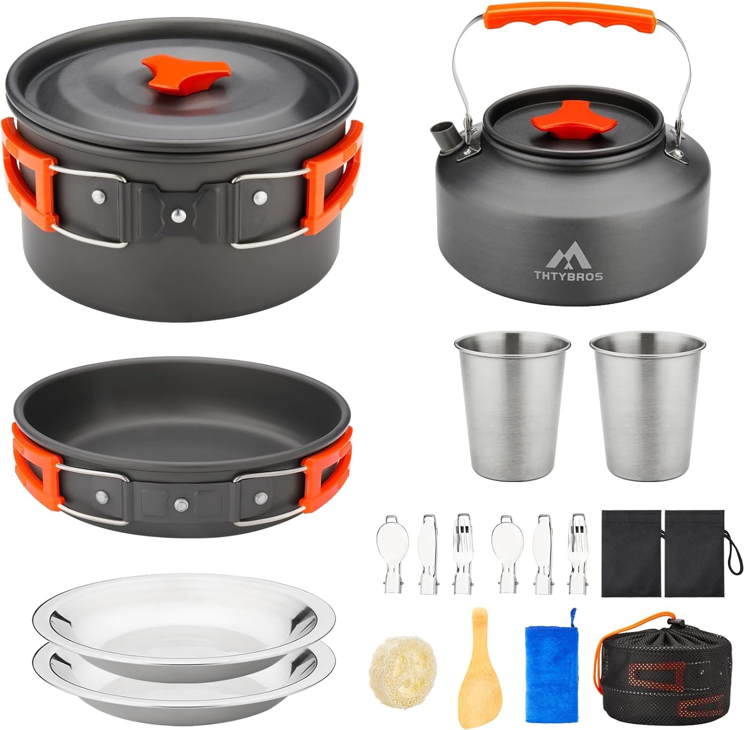 THTYBROS 17pcs Camping Cookware Mess Kit,for Camping,Backpacking,Picnic | 0.45Gal Pot,7inches Pan,0.30Gal Kettle Set with 2 set Stainless Steel Cups Plates Forks Knives Spoons,Pots, Pans & Griddles