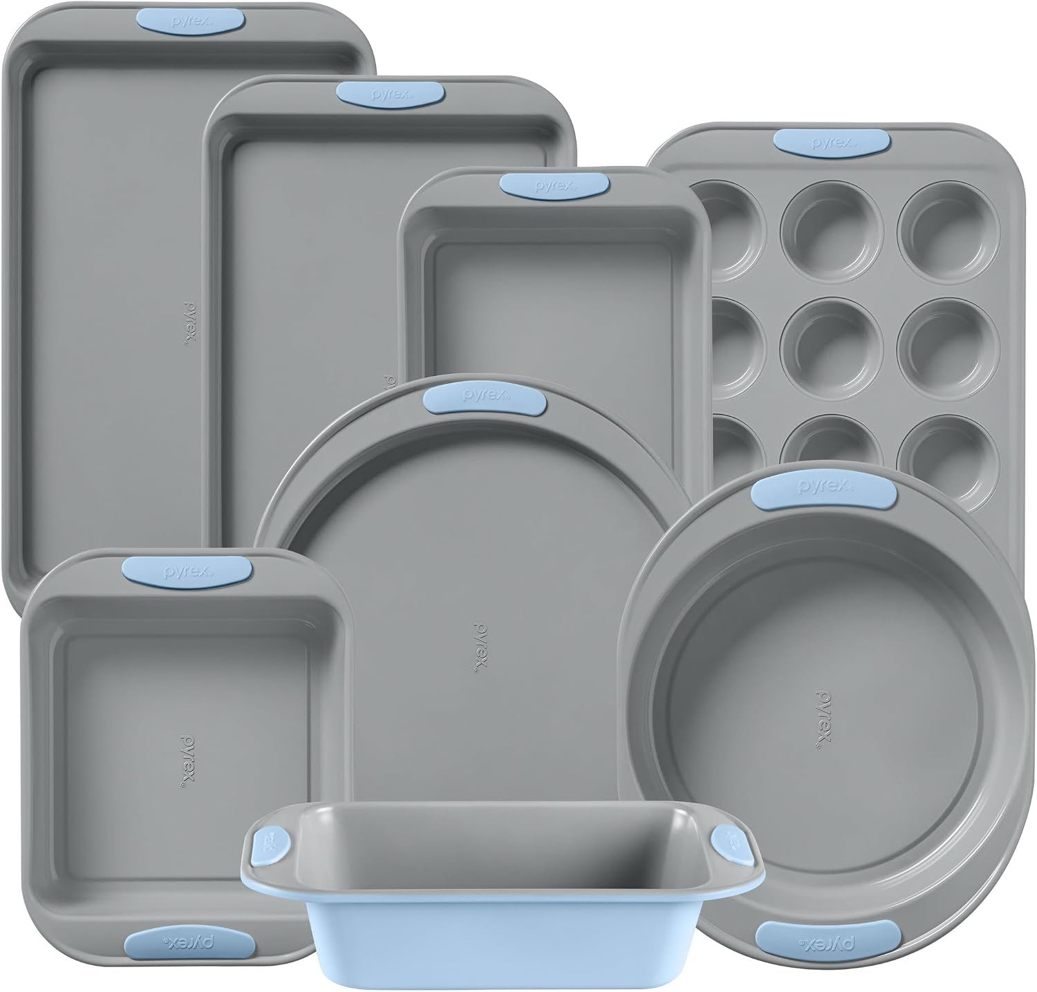 Pyrex 8-Piece Metal Bakeware Set with Heatsafe Silicone Handles, Cerulean | Lightweight stainless steel baking trays with heatsafe silicone handles, made without PFAS, mercury, lead, cadmium & BPA