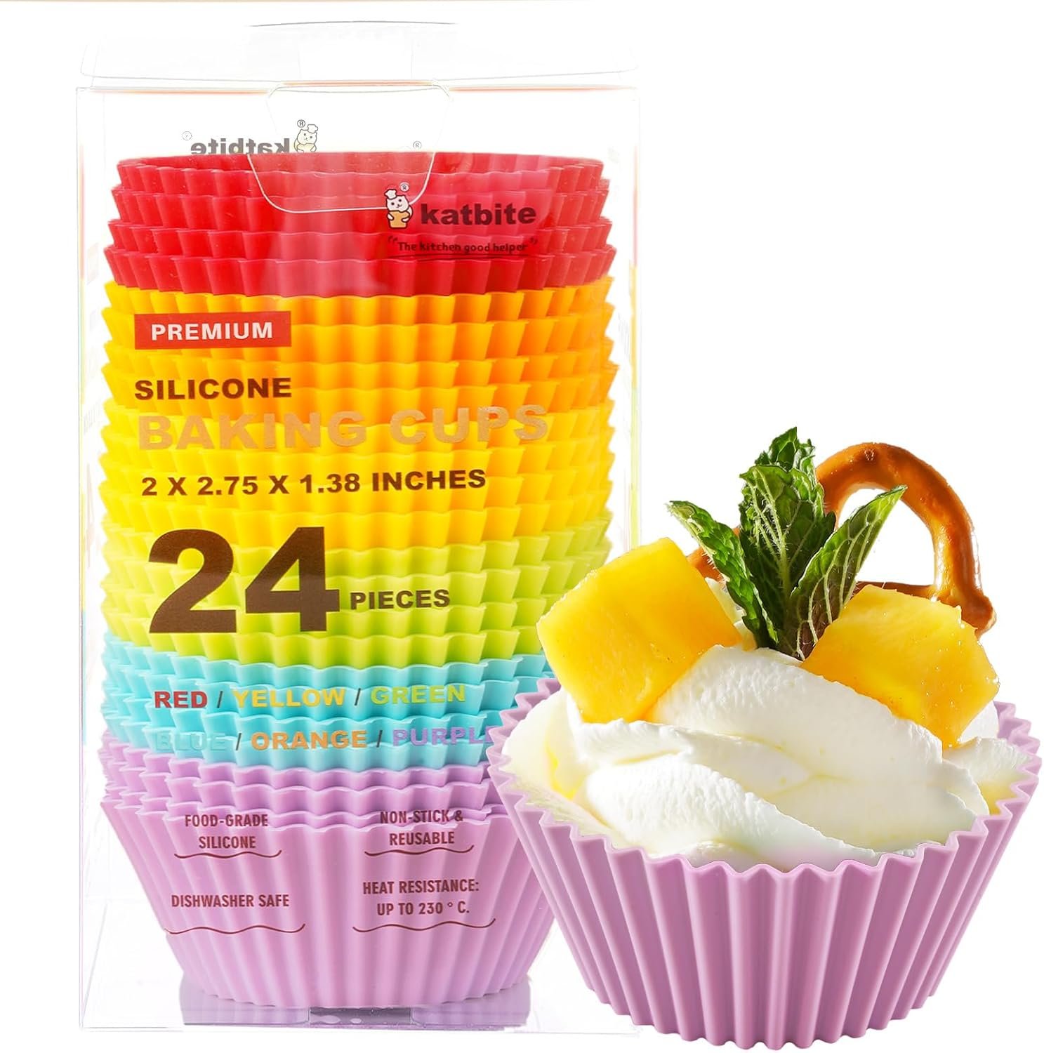 Katbite Silicone Cupcake Liners 24 Pack, Reusable Muffin Baking Cups | Heavy Duty, Non-Stick, Food-Grade Soft Pale Cupcake Holders for Party, Halloween, Christmas