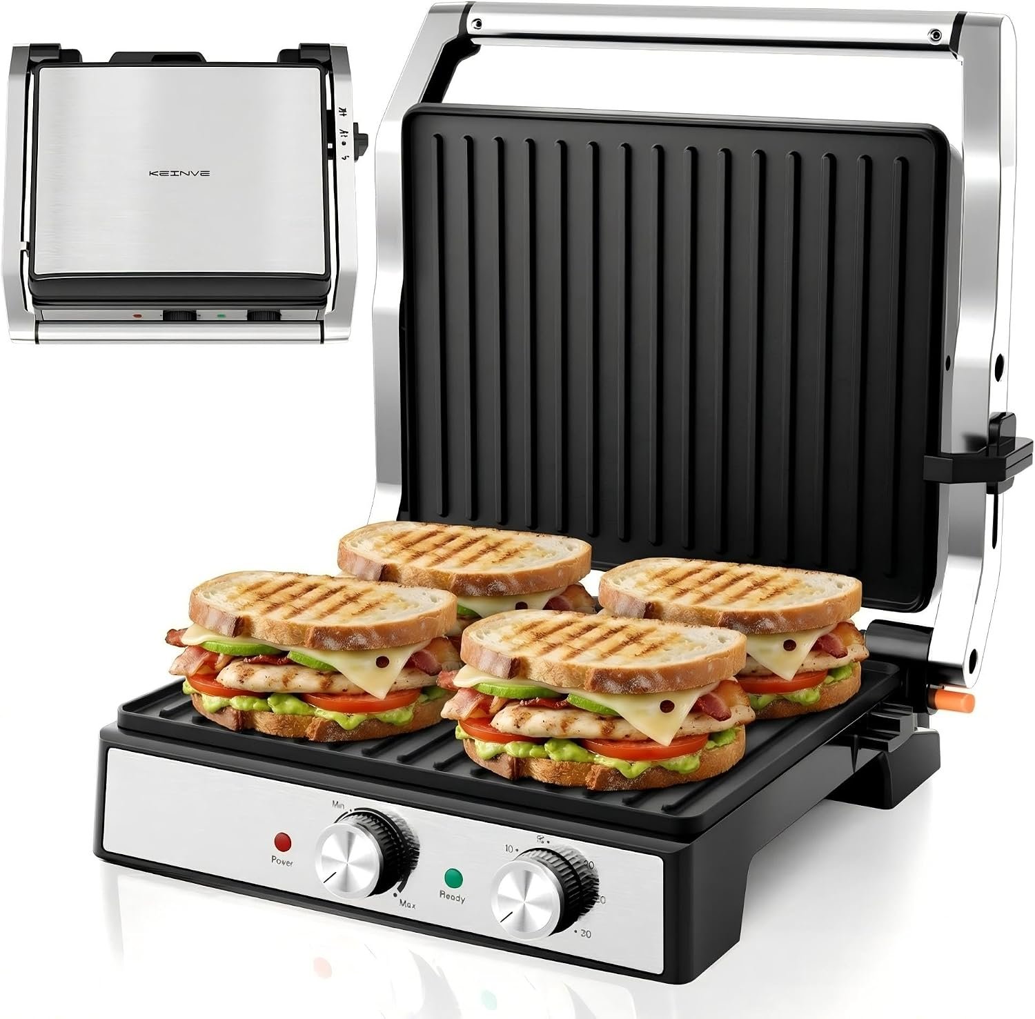 KEINVE 1700Watt Panini Press, Sandwich Maker with Temp & Time Setting, 4 Slice Large Non-Stick Versatile Grill Press, Opens 180 Degrees to Fit Steak, Fish, Vegetable and More