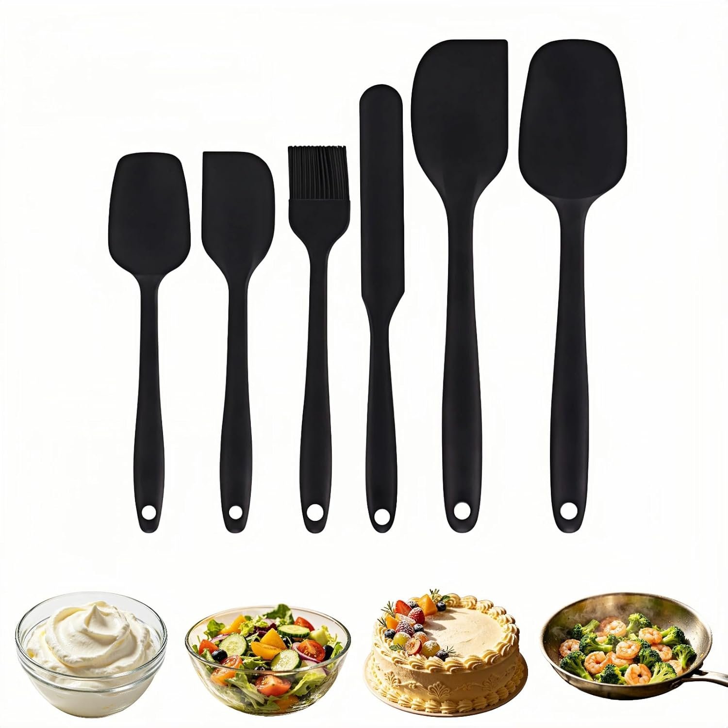 6-Piece Silicone Spatula Set, Heat Resistant Up to 230°C, Non-Scratch Non-Stick Cookware, Seamless One-Piece Design,with Pastry Brush for Baking Cooking Mixing (Black)