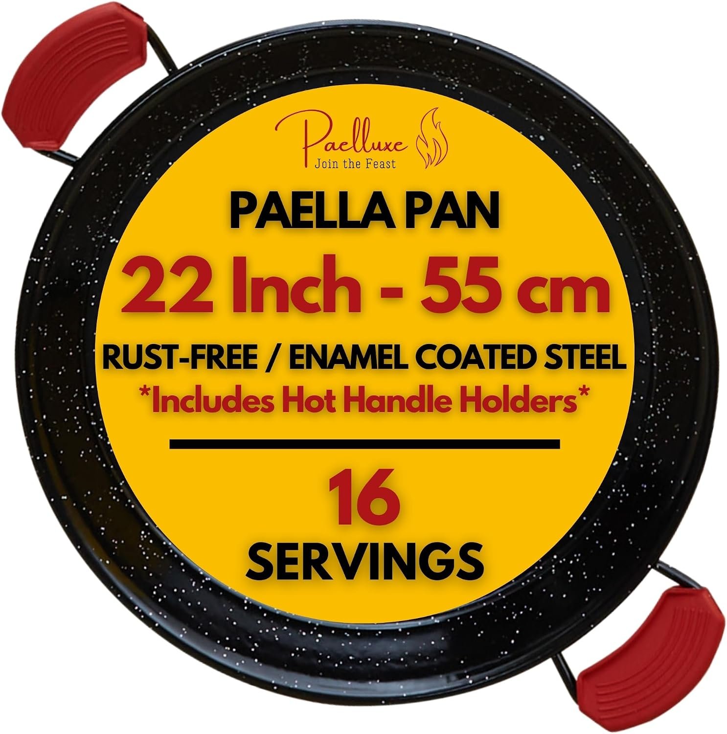 Paelluxe Paella Pan Enameled No-Rust Steel Skillet – 22 Inch, 16 Servings | Outdoor Propane Burner Only – Too Wide for Kitchen Stoves & Ovens. 1.2mm Carbon Steel, Easy-Clean Enamel, Handle Holders