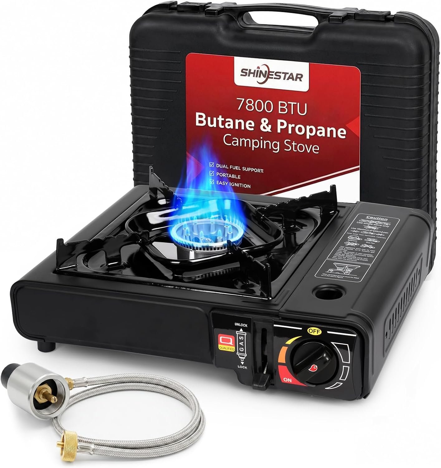 SHINESTAR 7800 BTU Dual Fuel Camping Stove, Propane Portable Gas Stove | Propane or Butane Camp Stove with Adjustable Heat Dial, Carry Case & Propane Adapter Hose,for Outdoor Cooking and Emergencies