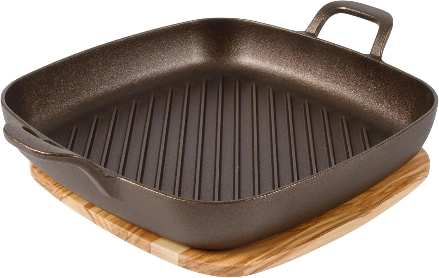 Bloomhouse – Two Time Oprah’s Favorite Things Winner – Natural Bronze Finish 12″ Square Cast Iron Grill Pan – Olive Oil Treated Surface w/Dual Handles & Olive Wood Trivet, Oven Grill Campfire Safe