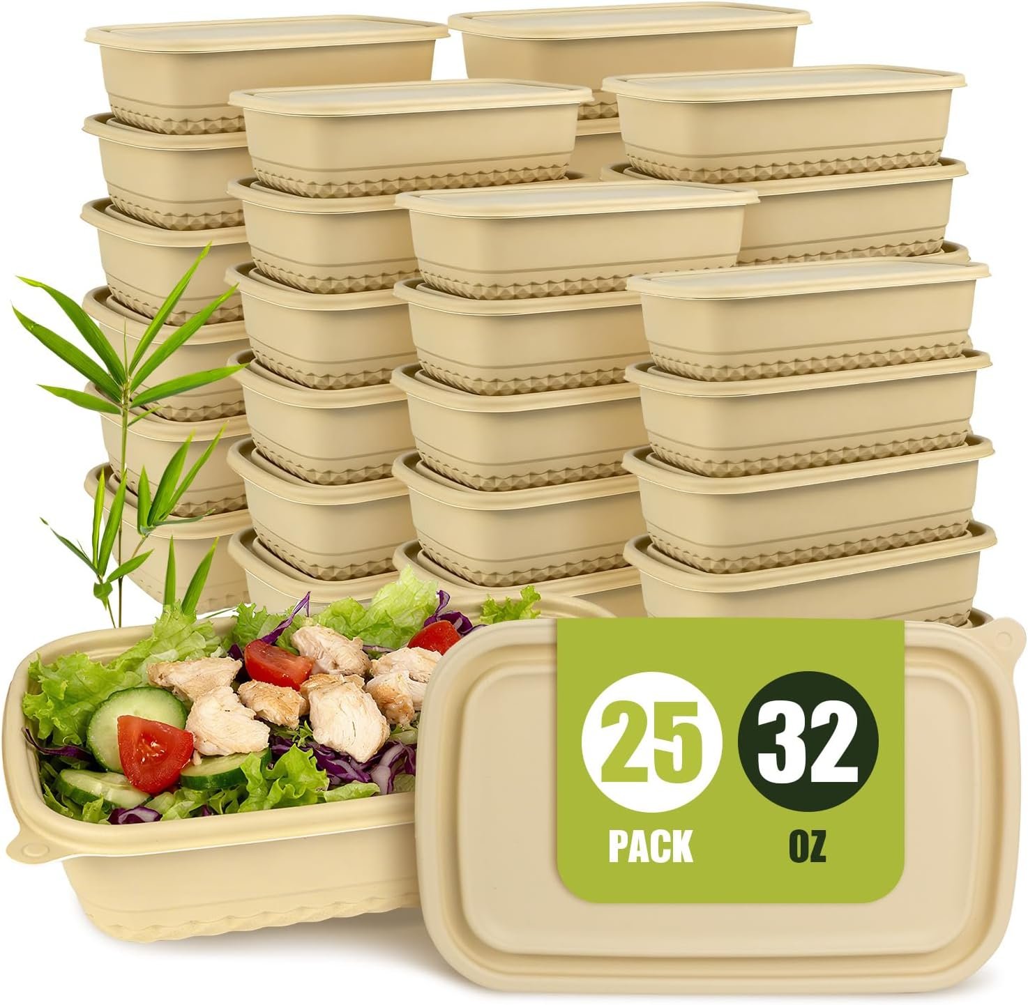 25Pack(50pcs) Meal Prep Containers Reusable, 32oz Bamboo-Powder Food Containers with Lids, Plant-based To Go Containers for Lunch – Microwave, Freezer, Dishwasher Safe.