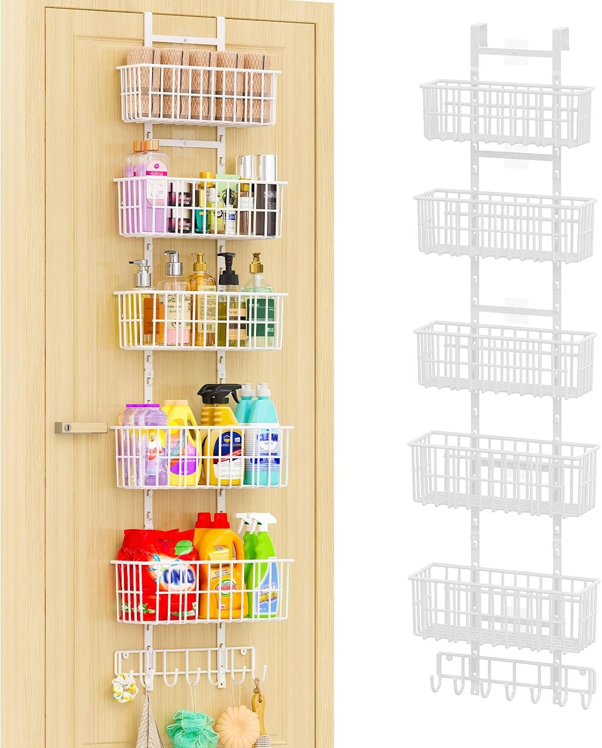 Hongtamoya Over The Door Organizer, Hanging Door Organizer with 5 Metal Baskets, Behind The Door Storage for Pantry Closet Bedroom Bathroom Cabinet Kitchen, White