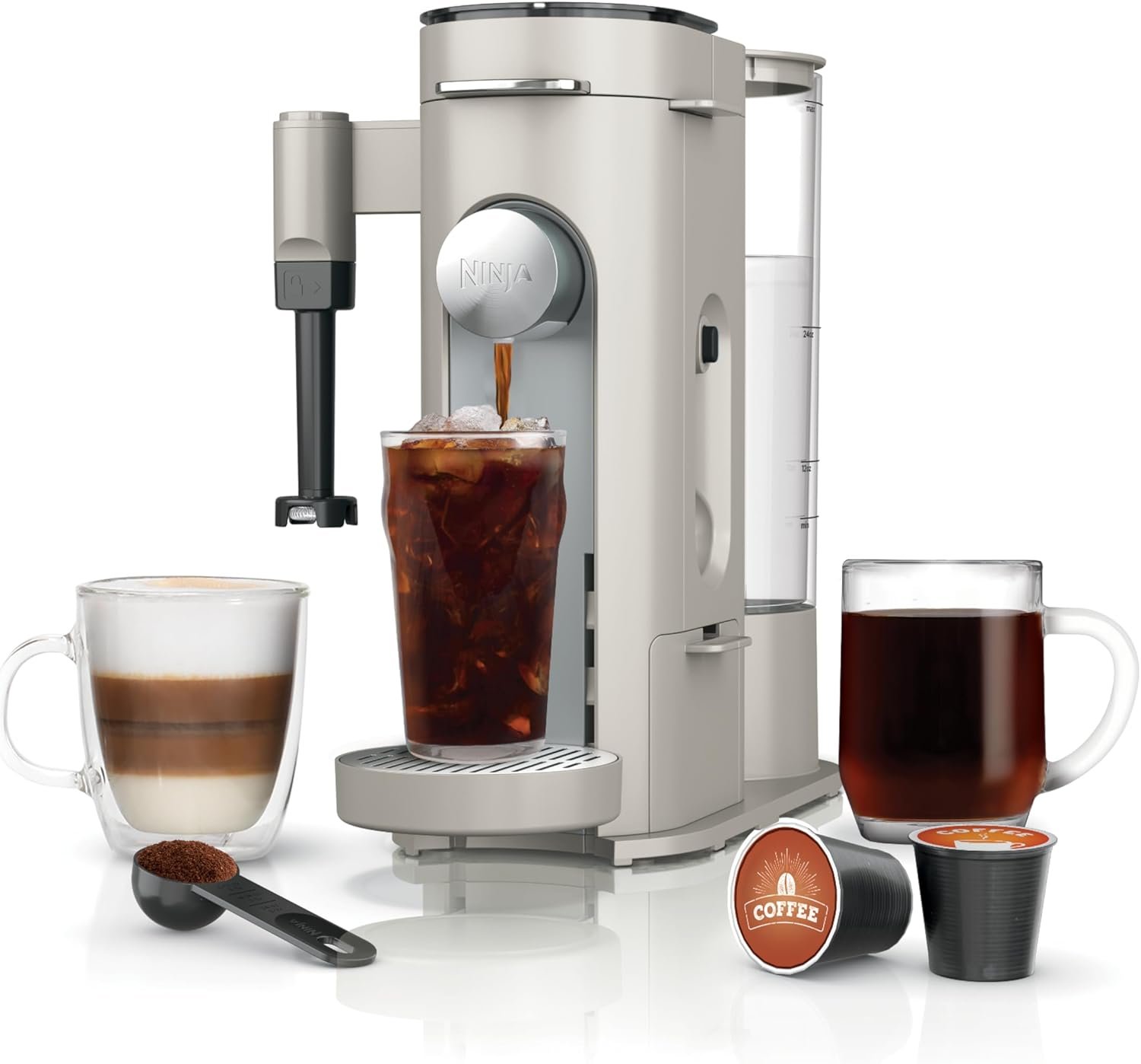 Ninja Pod and Grounds Coffee Maker, K-Cup Compatible, Stone, PB051ST | Brews, Compact Design, Built-in Milk Frother, 56 Ounces Reservoir, 6 Ounces Cup to 24 Ounces Mug Sizes