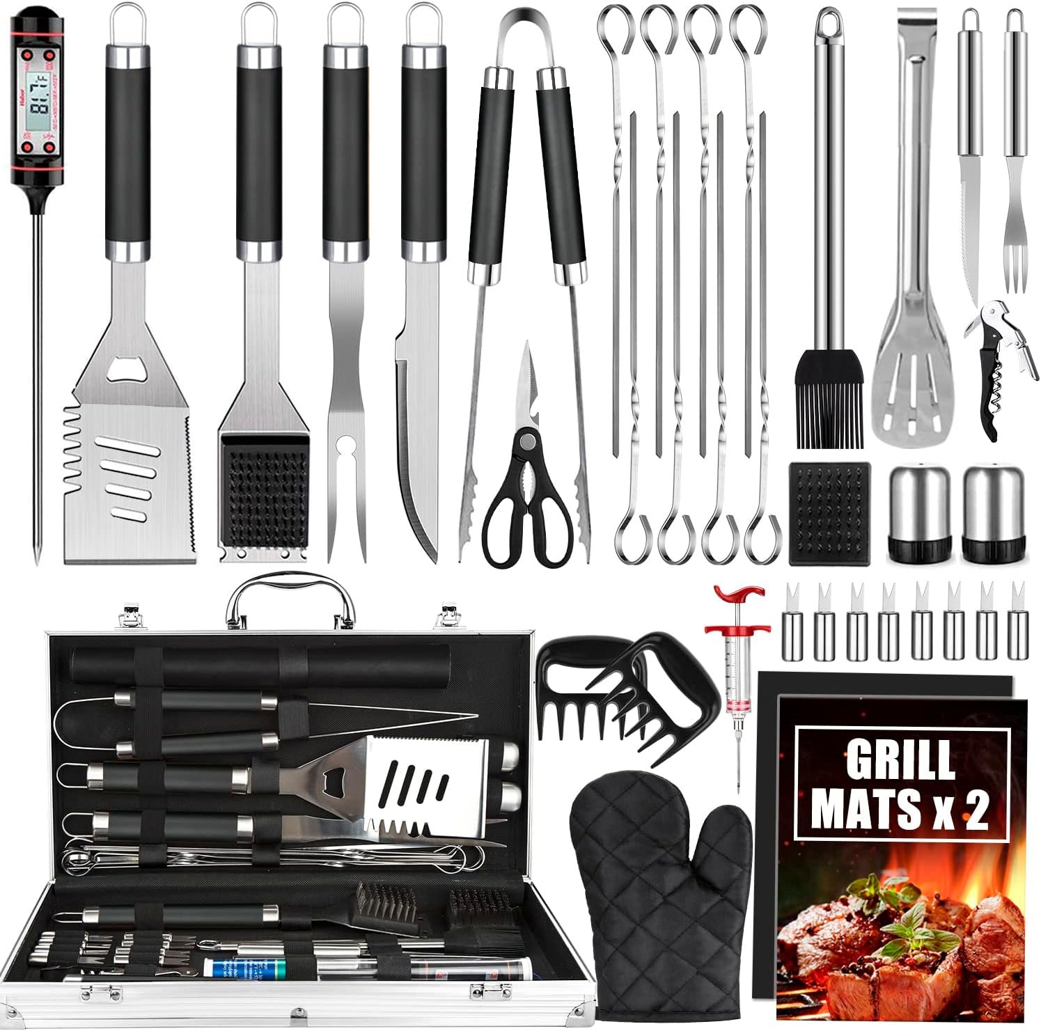 Cifaisi 38Pcs BBQ Tools Grilling Accessories Set with Aluminum Case | 16 Inch Stainless Steel Grill Tools, Thermometer, Grill Mats for Camping, Backyard Barbecue, Grilling Gifts for Men Women