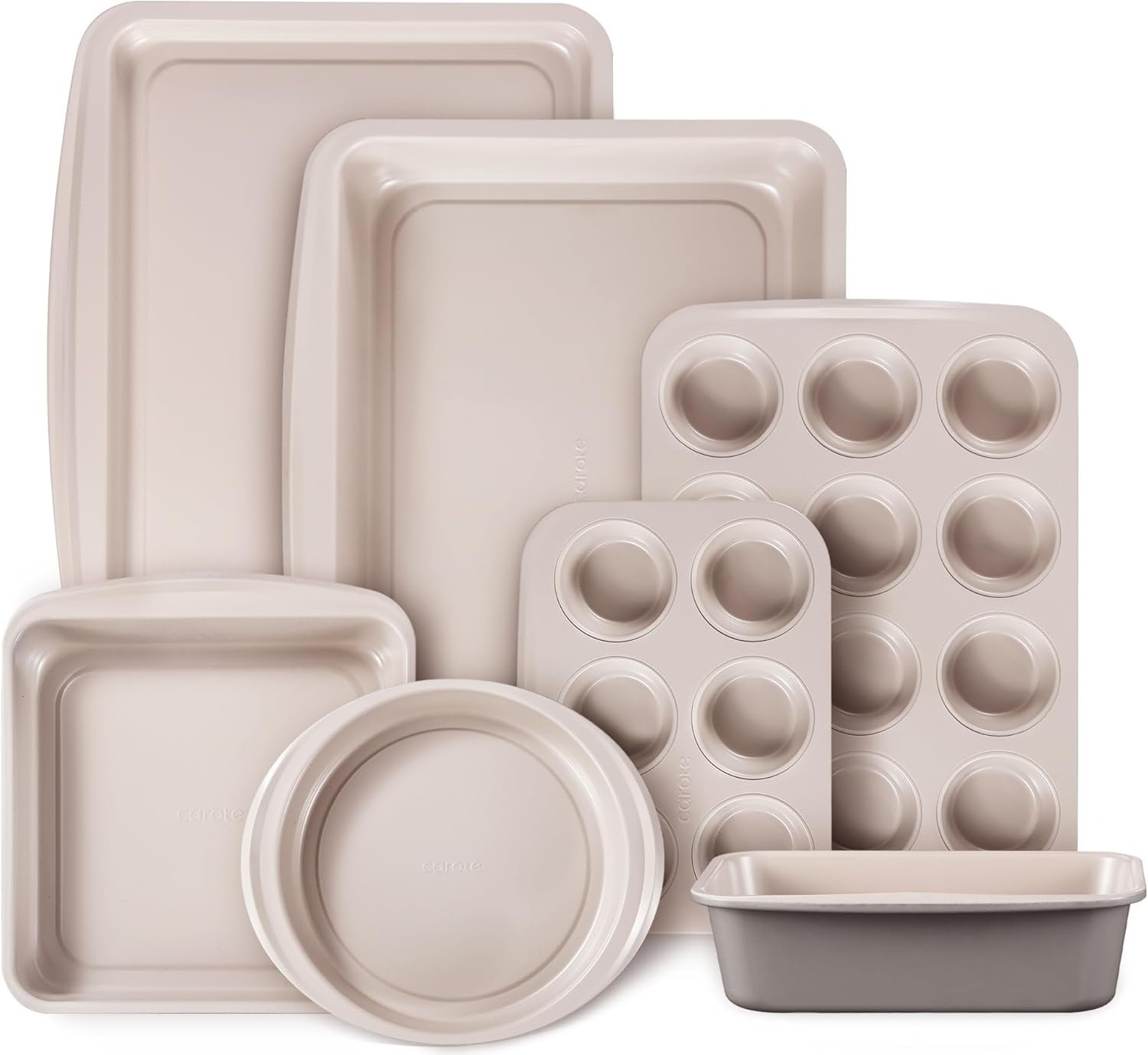 CAROTE 7-Piece Baking Pans Set, Nonstick Bakeware Sets, Gray & Khaki | Cookie Sheets, Muffin, Bread, Cake, Loaf, Roasting Pan, Easy-Release, Oven Safe Up to 446°F, PFAS-Free, Stackable, Home, Gift