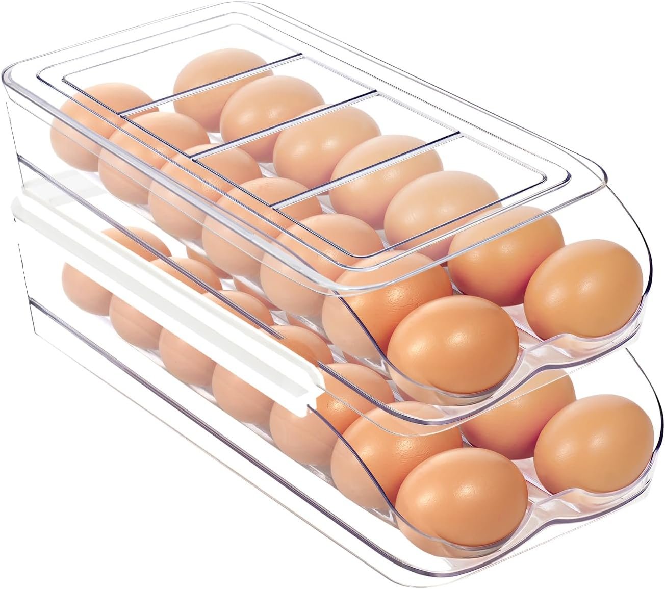 MesRosa Egg Holder for Fridge, Automatic Rolling Egg Organizer -2 Layer | Stackable Clear Egg Container & Tray for Refrigerator, Durable Dispenser and Storage with Sturdy Lid to Saving Space