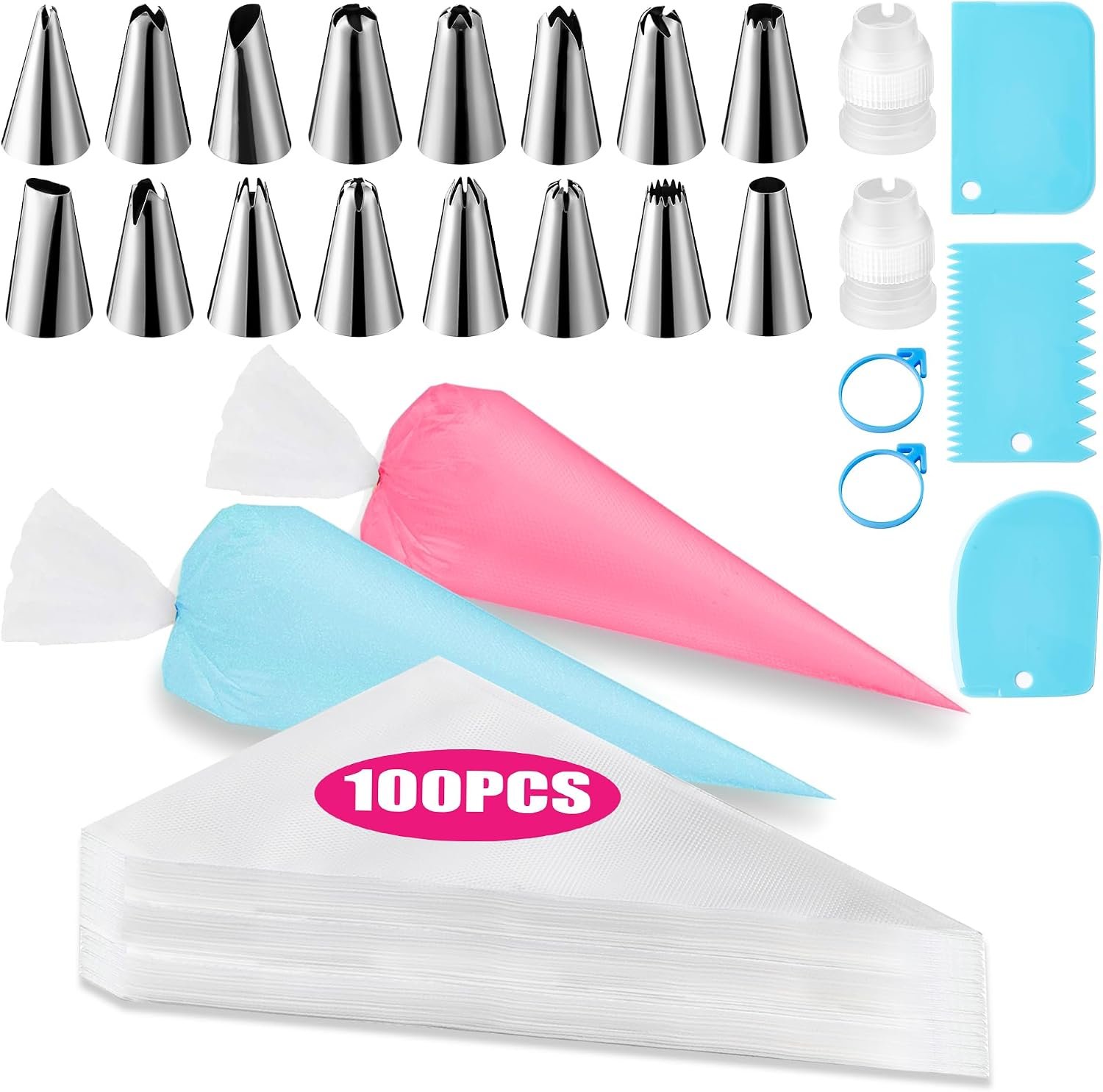 Piping Bags and Tips Set, 100PCS 12 Inch Pastry Bags, Icing Bags Disposable | Cakes Decorating Supplies Kit, Simple Baking Supplies Set with 16 Piping Tips, 3 Cake Scraper, 2 Couplers, 2 Bag Ties