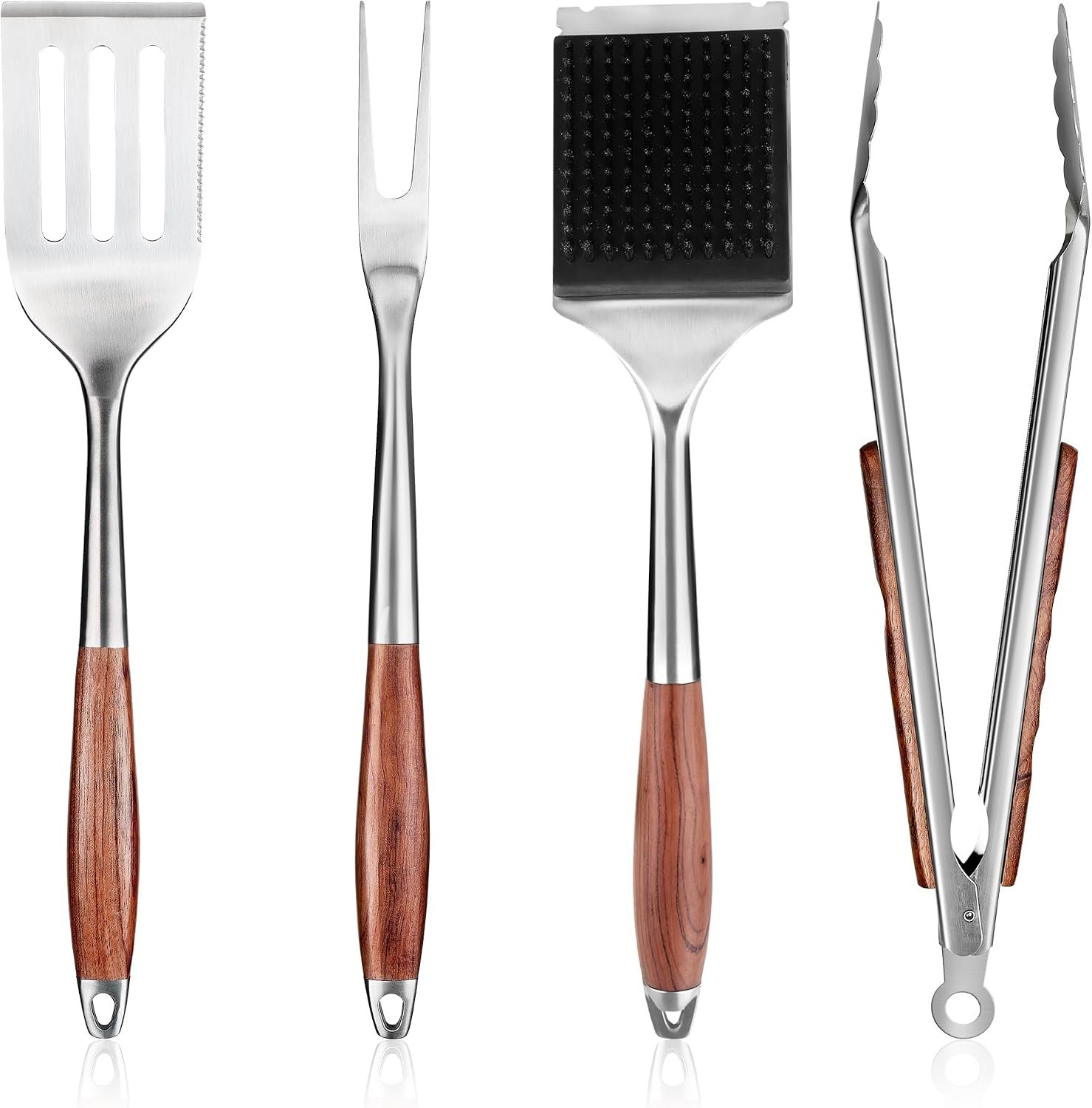 Heavy-Duty Grilling Accessories Rose Wooden BBQ Grilling Tools Set,Outdoor Grill Set with Spatula, Fork, Brush & Tongs,Essential Accessories for Barbecue & Grill. Ideal Gift for Men