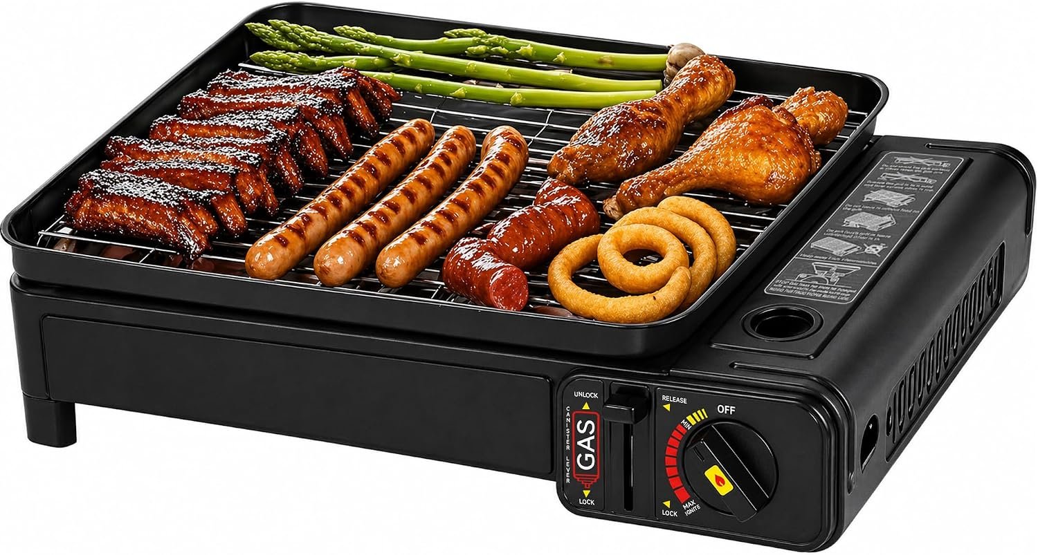 Portable Butane Stove – Compact Gas Grill Stove with Detachable Grate + Durable Carry Case | Dual Fuel Tabletop BBQ for Camping, Korean BBQ, Tailgating | Fast Stainless Steel Outdoor Cooker