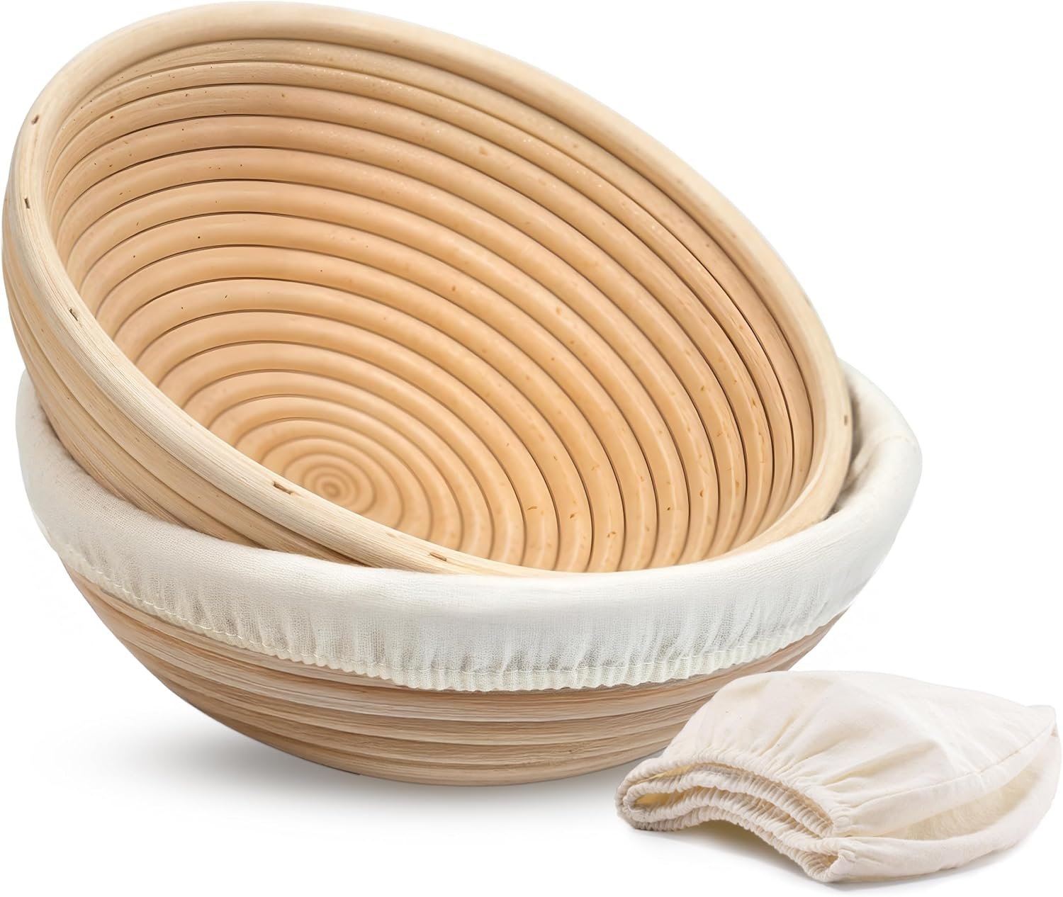 Kook Banneton Bread Proofing Baskets, Artisan Sourdough Bread Making Baskets, 9 Inch Handwoven Rattan Baskets and Cloth Liners, Set of 2, Round