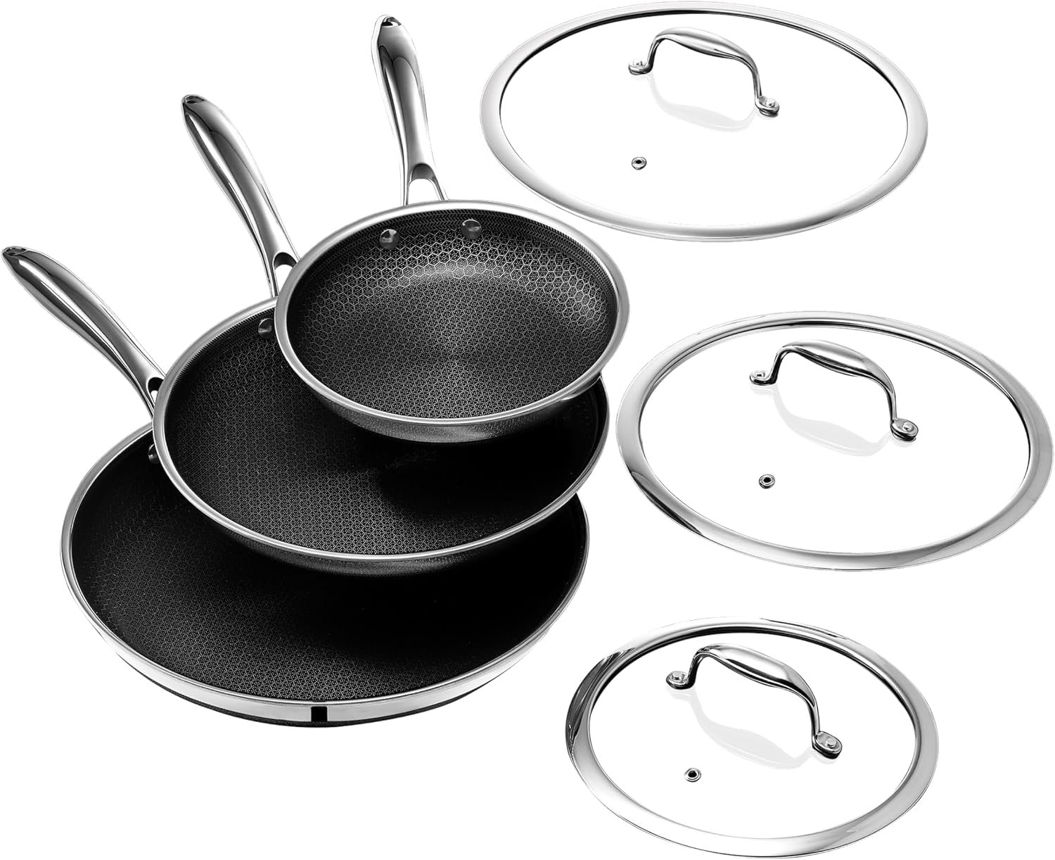 HexClad 6pc Hybrid Nonstick Frying Pans Set with Lids, 8, 10 & 12″ Pans | Stay-Cool Handles, Dishwasher and Oven Safe up to 900°F, Compatible with All Cooktops