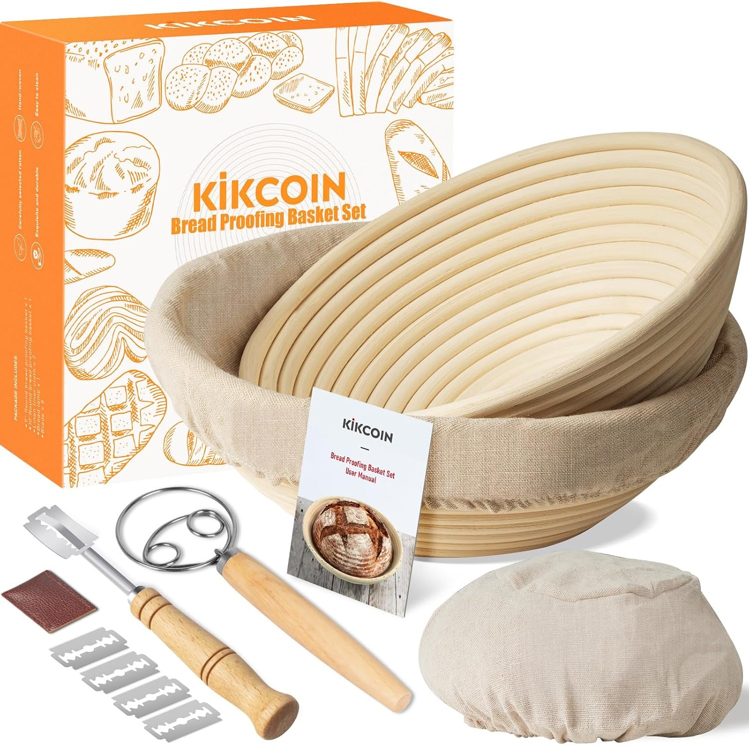 Kikcoin 9″ & 10″ Banneton Bread Proofing Basket Set, Round Banneton Basket for Sourdough Baking, Baking Supplies with Linen Liner, Bread Lame & Dough Whisk, Sourdough Proofing Tools