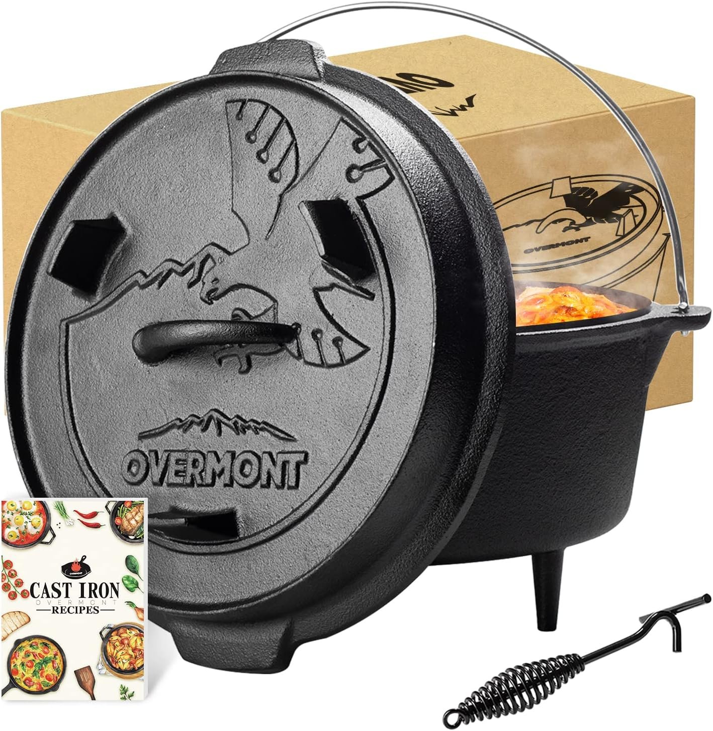 Overmont 6QT Cast Iron Dutch Oven – Pre-Seasoned Pot with Lid Lifter & Legs | Camping Dutch Oven with Cookbook, Cast Iron Pot with Skillet Lid Dual Handles, for Outdoor Campfire Cooking BBQ Grill Stove