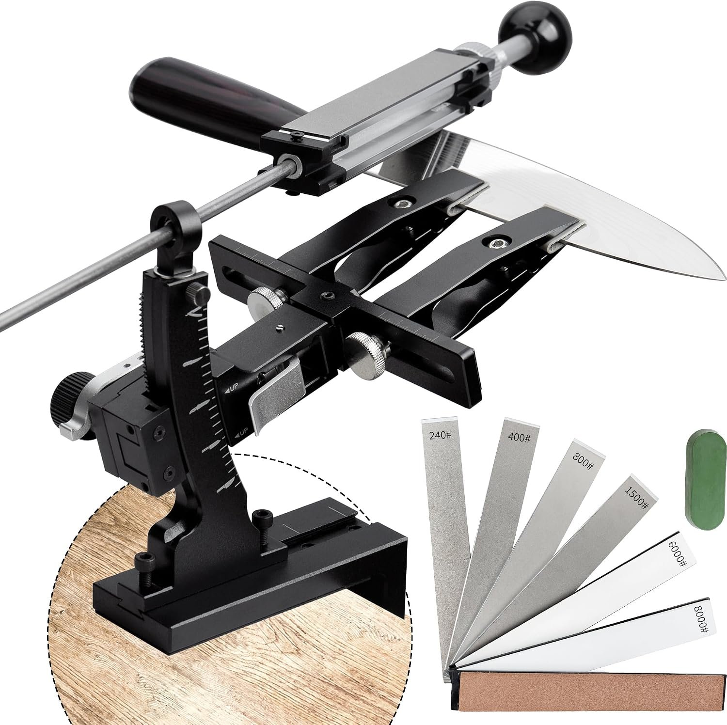 CWOVRS Knife Sharpening System, Aluminium Fixed Angle Knife Sharpener 9–25° | Dual Knife-Clip Knife Sharpening Kit with 360° Flip System, 2-Sided Stone Clamp, 6 Premium Stones Kit for Chef Kitchen Knives